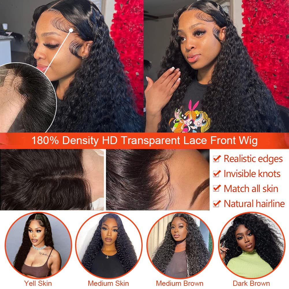 HD Lace Front Wigs Human Hair - Water Wave Deep Curly Glueless Wigs with Baby Hair | 180% Density 30inch Natural Black | Perfect for Daily Wear, Parties & Special Occasions