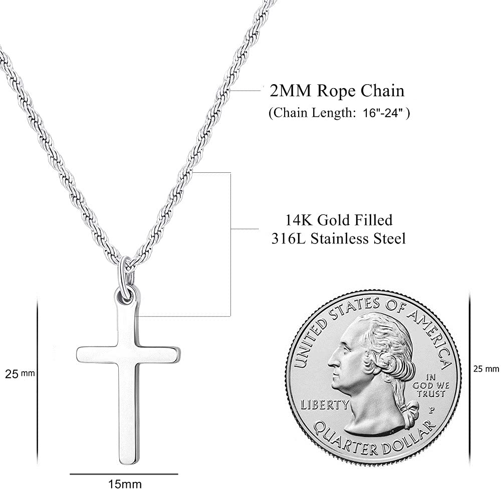 Stainless Steel Cross Necklace for Men & Women - Small Simple Faith Pendant with Twist Rope Chain - 16-24 Inch Adjustable Religious Jewelry Gift for Christmas, Baptism & Daily Wear
