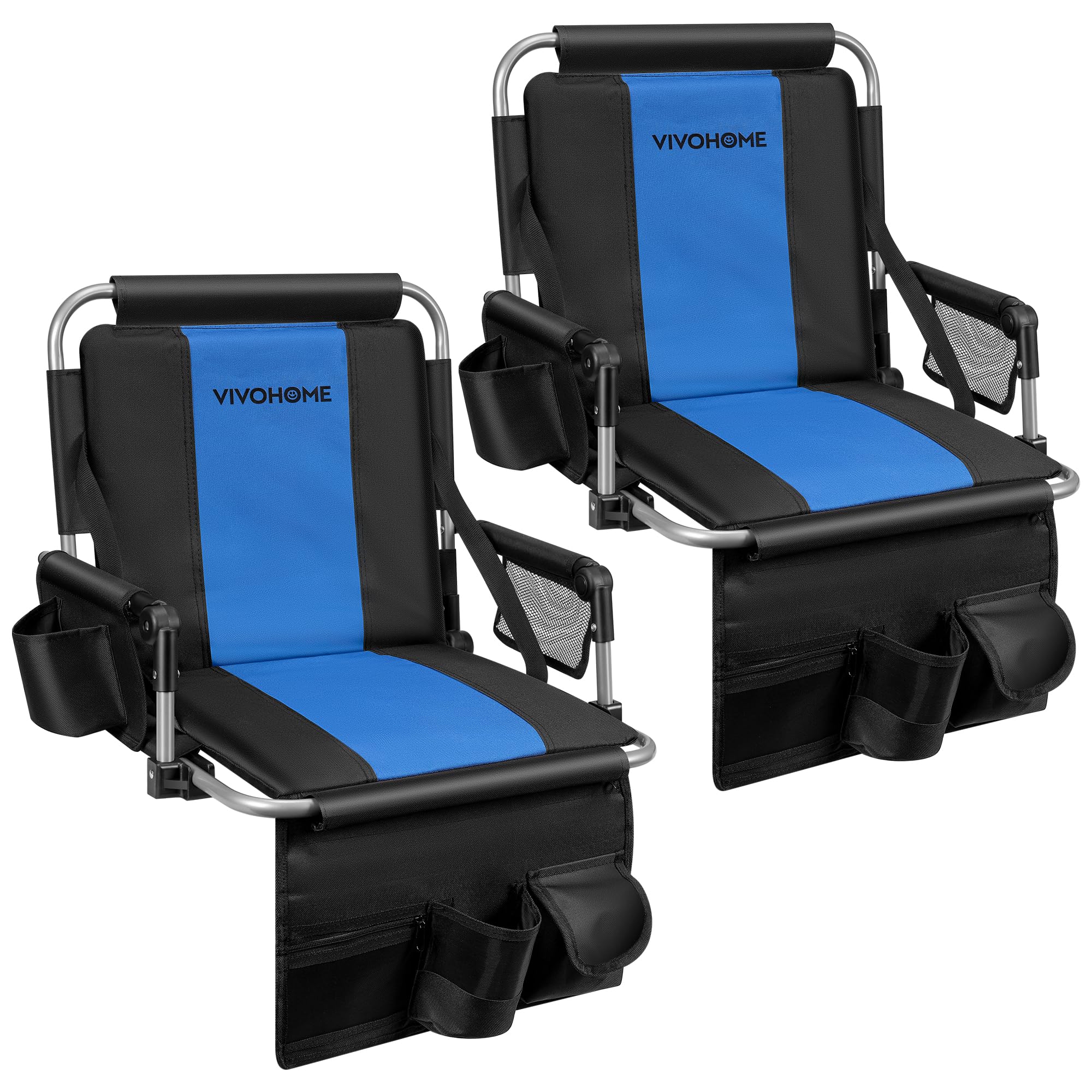 VIVOHOME 2 Pack Stadium Seats with Back Support & Cushion - Portable Bleacher Chairs with Cup Holder, Storage Bags & Shoulder Strap - Black & Blue - Perfect for Football Games, Concerts & Outdoor Events