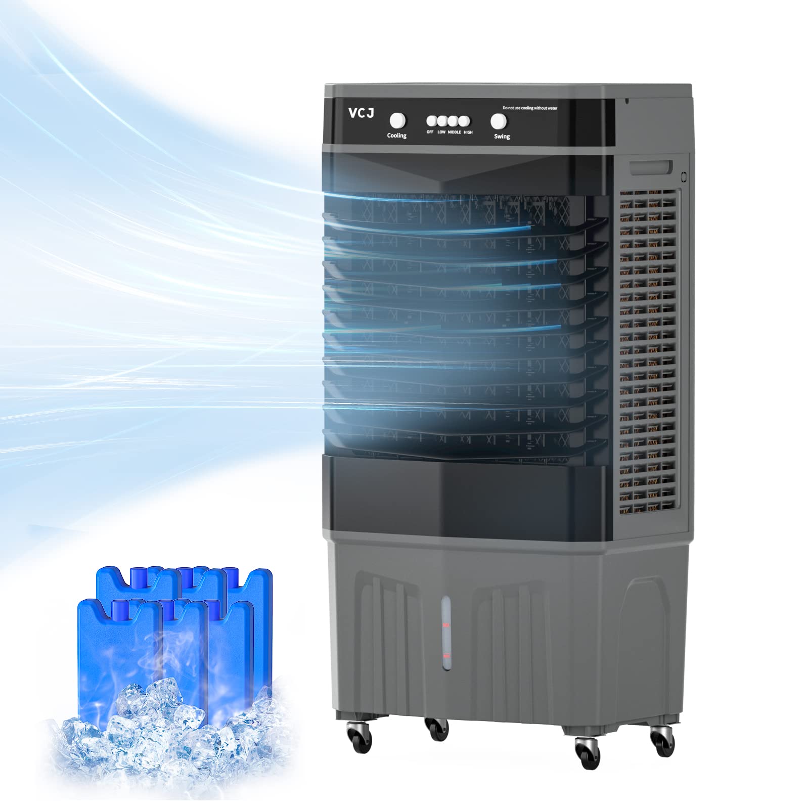 Portable Evaporative Air Cooler - 3-in-1 Cooling Fan with 6 Ice Crystal Boxes, Large Water Tank & Wheels | 3-Speed Modes for Home, Office, Bedroom, Patio & Outdoor Use | Energy Efficient Personal Space Cooler