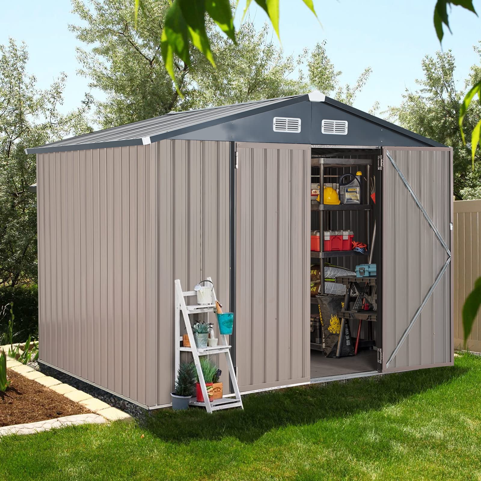 Verano Garden 8'x6' Galvanized Steel Outdoor Storage Shed - Double Lockable Doors for Bike, Lawn & Patio Storage | Weather-Resistant Metal Garden Shed (96.65