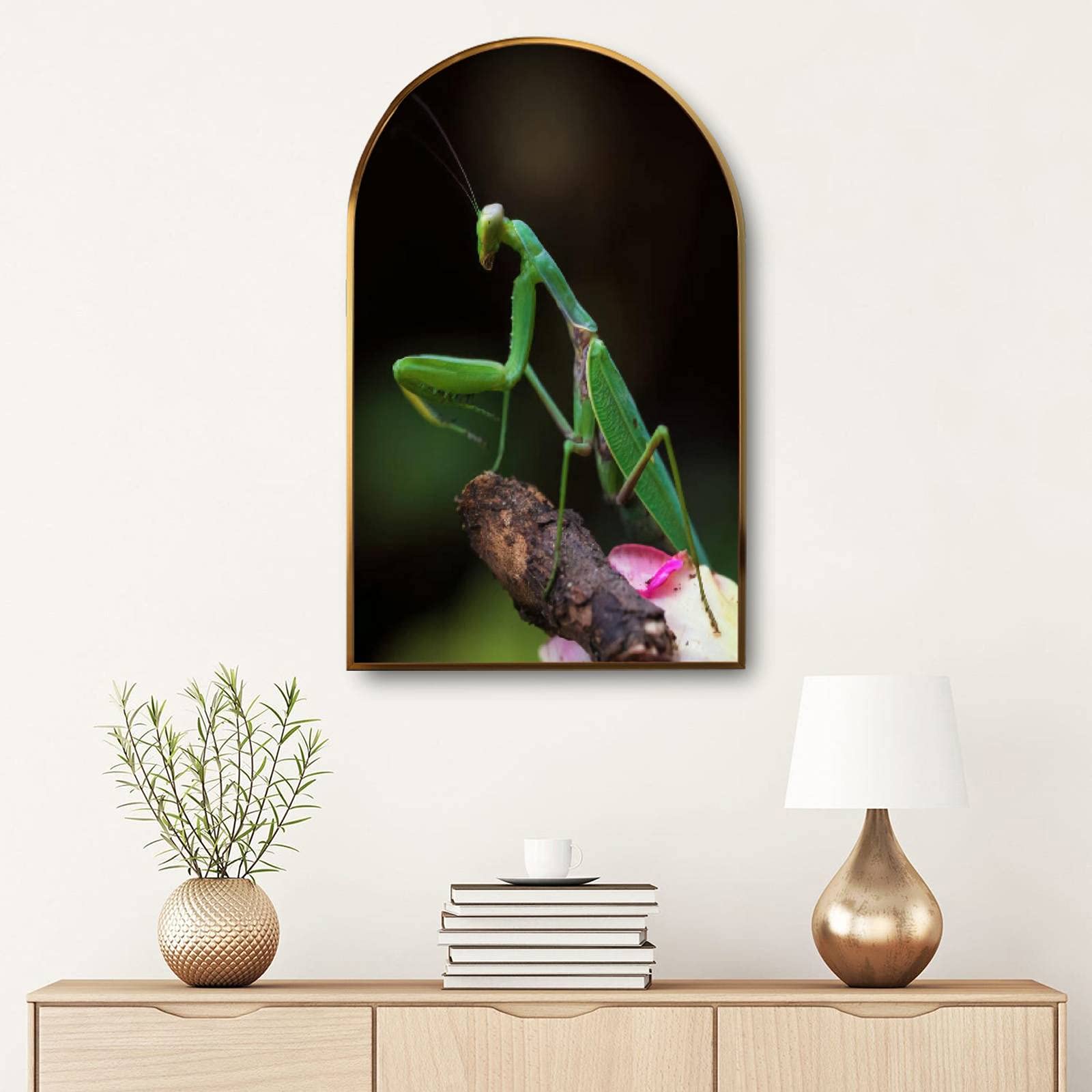 Large Framed Canvas Wall Art - Green Praying Mantis Minimalist Painting for Living Room, Bedroom & Office Decor | Nature-Inspired Home Aesthetic | Perfect for Zen Spaces & Insect Lovers