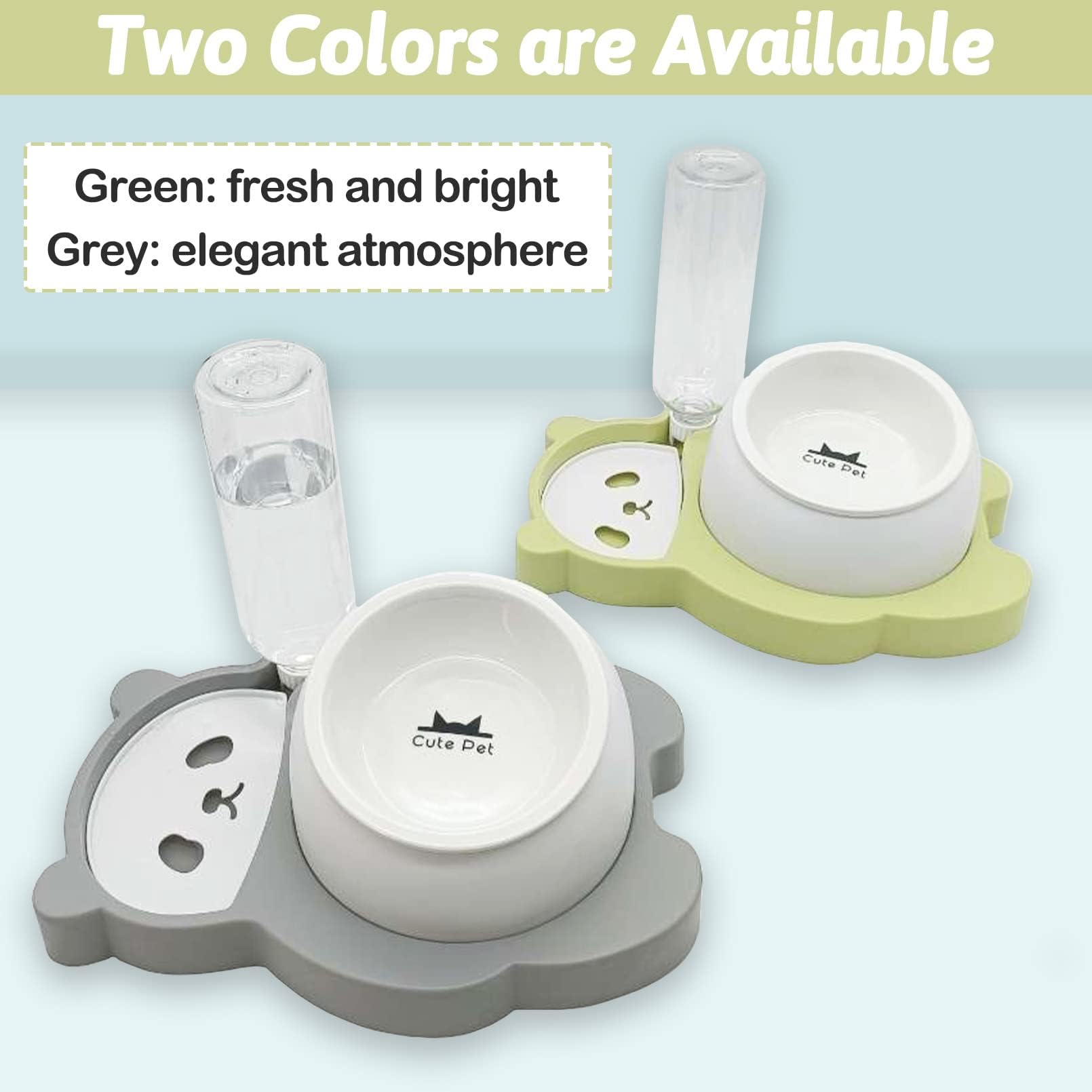 Kathson Elevated Double Dog & Cat Bowl Set - Tilted Raised Ceramic Pet Food & Water Dishes with No-Spill Automatic Water Dispenser - 5-in-1 Function for Cats & Small Dogs (Green) - Perfect for Home, Kitchen & Pet Feeding Stations