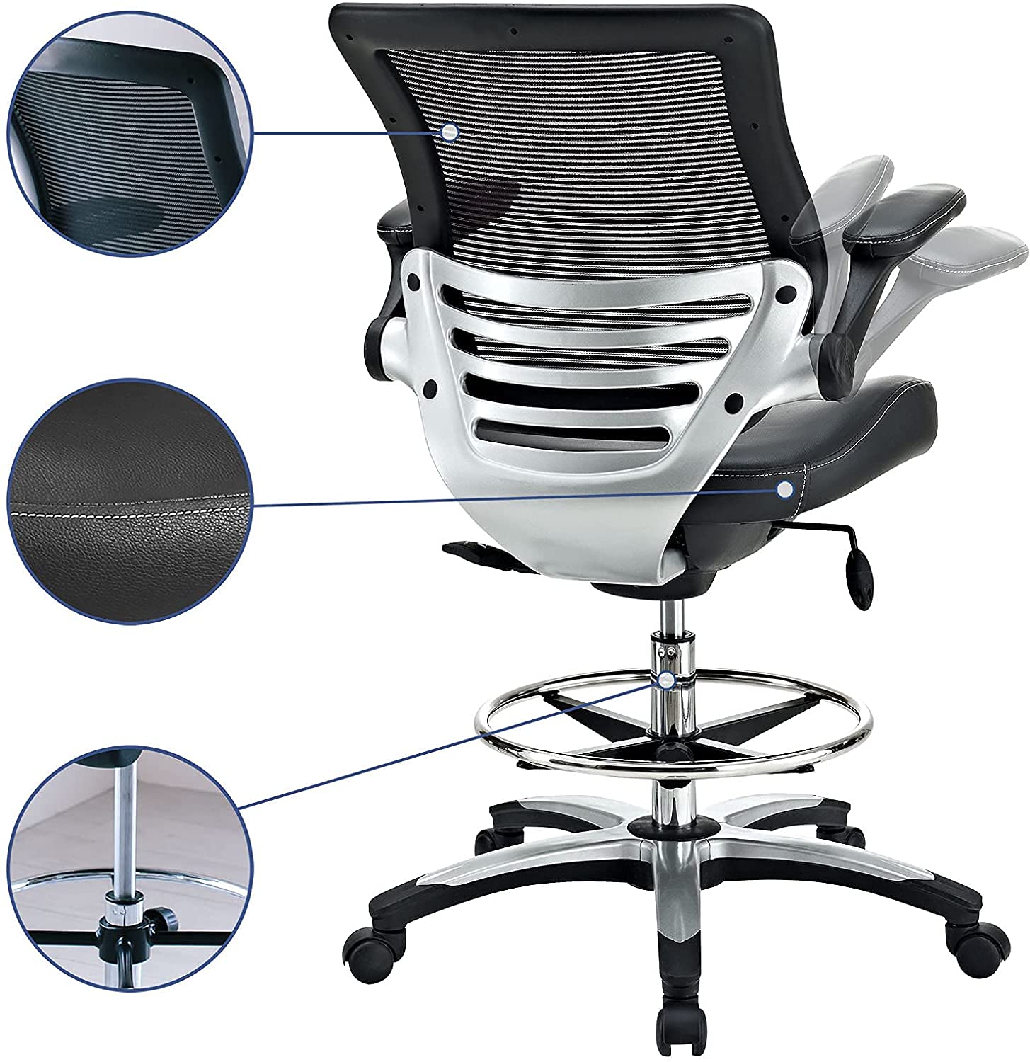 Modway Edge Drafting Chair - Adjustable Height Office Chair with Flip-Up Arms for Reception Desk, Drafting Table & Home Office - Ergonomic Black Task Chair for Professionals & Students