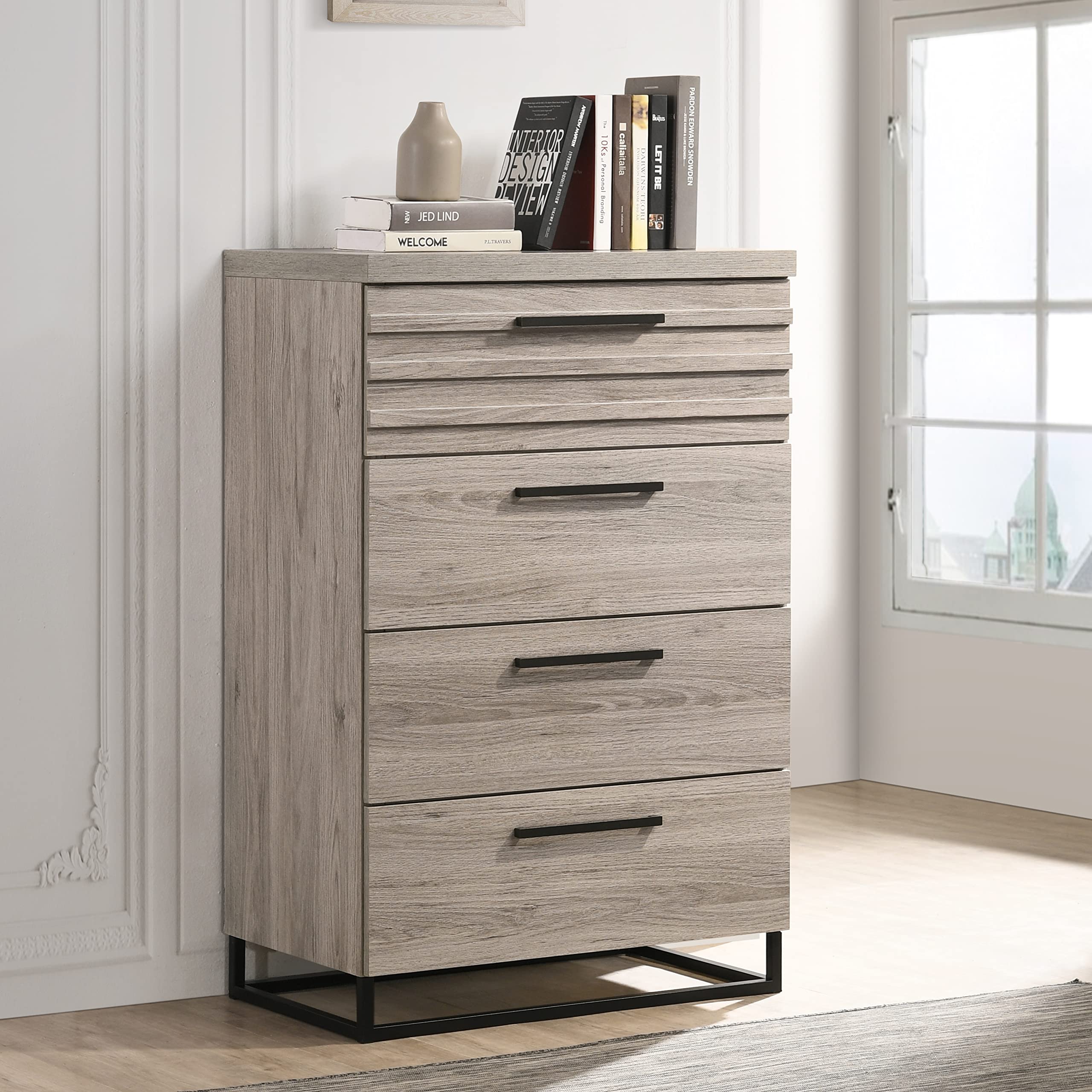 Roundhill Furniture Alvear Upholstered Wood Wallbed with White LED Lights, Dresser, Mirror, Chest & 2 Nightstands - King Size Murphy Bed for Small Spaces & Guest Rooms - Space Saving Bedroom Set with Storage & Modern Lighting