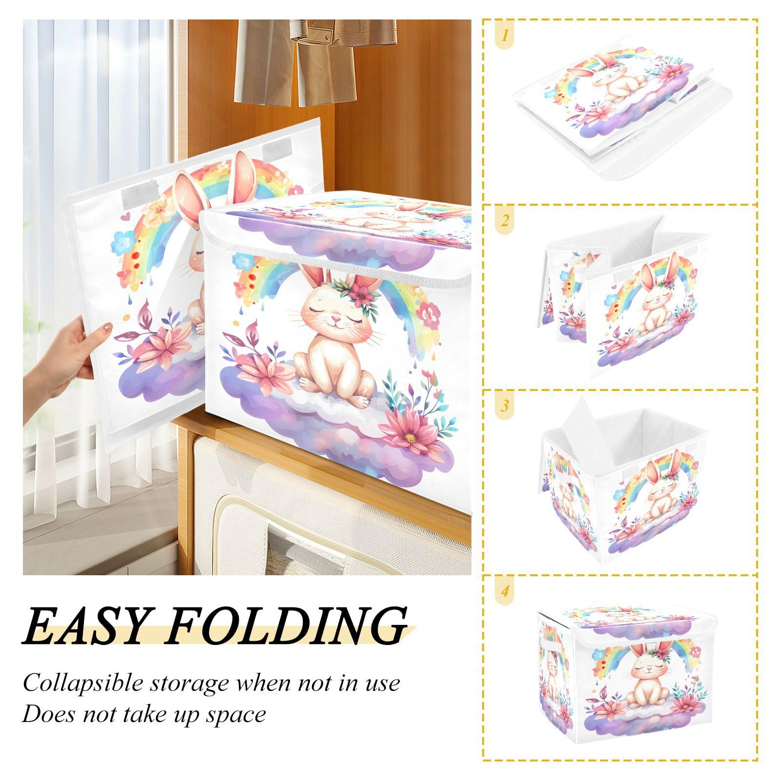 Senya Collapsible Easter Baskets with Lids - Rainbow Floral Rabbit Storage Bins for Clothes, Toys & Home Organization | Perfect for Easter Decor, Kids Room & Closet Storage