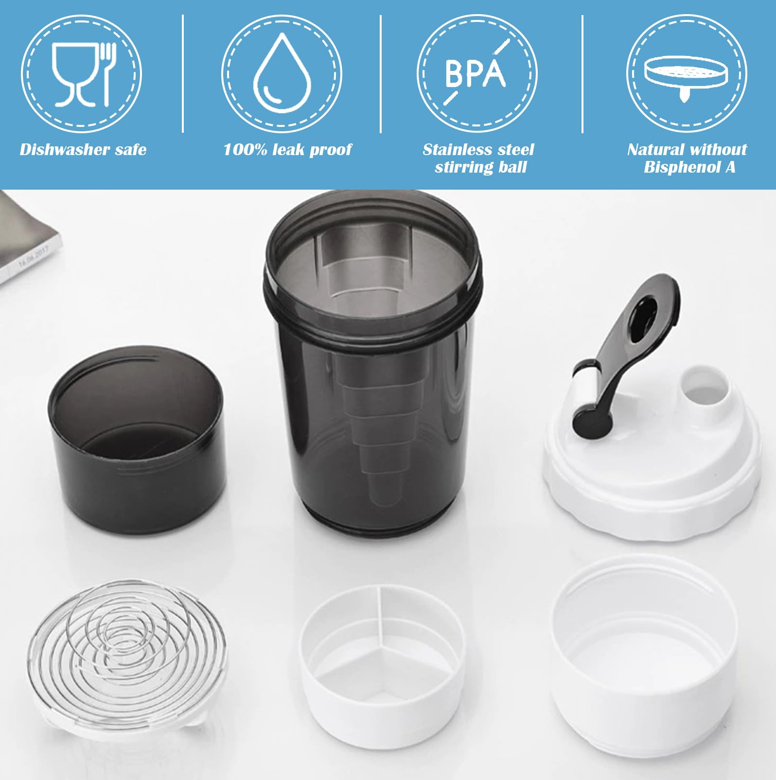 BAIFULAI 500ml Protein Shaker Bottle with Powder Compartment & 3 Tablet Organizer - Leak Proof, BPA Free Fitness Shaker Cup for Gym, Workout & Post Exercise Recovery - Perfect for Protein Shakes, Pre-Workout & Supplements (White)