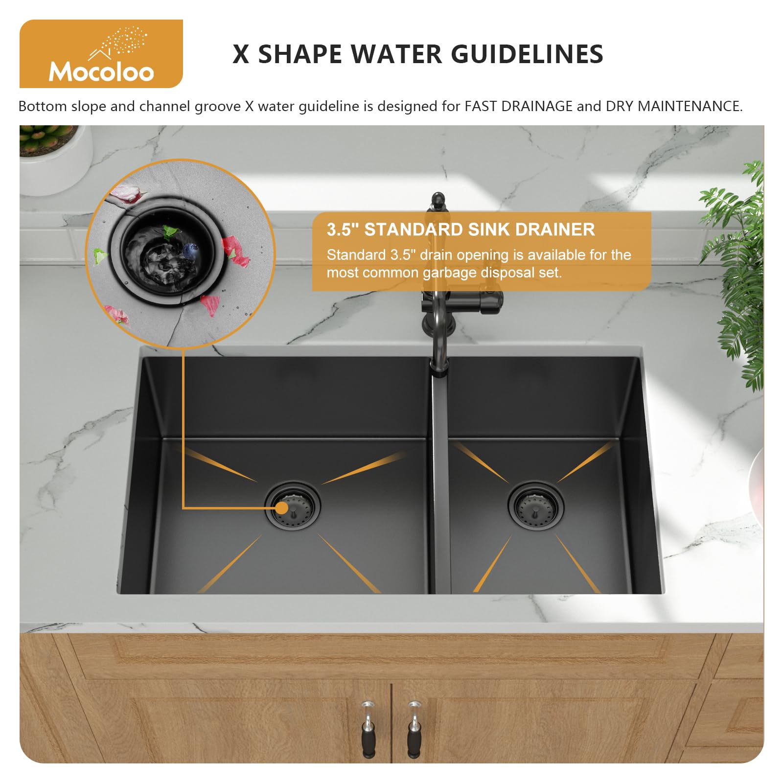 Mocoloo 33 Inch Undermount Double Bowl Kitchen Sink - 60/40 Split, Nano Gunmetal Black, 16 Gauge Stainless Steel, Handmade (33