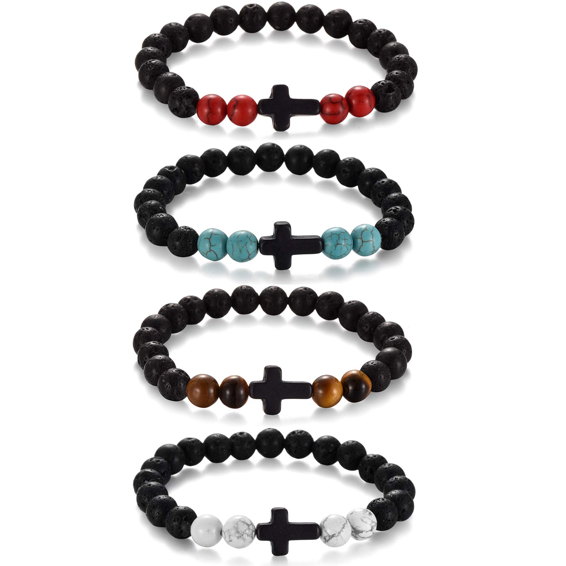 4PCS Cross Beads Stretch Bracelets for Men & Women - 8mm Healing Lava Stone Beaded Bracelet Set (7.5