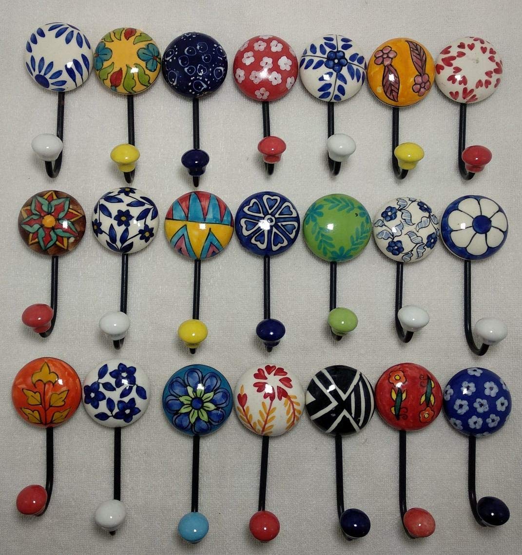 Handpainted Decorative Ceramic Hooks - Set of 10 Colorful Wall Hooks for Kitchen, Bathroom, Coat & Towel Hanging - Perfect for Home Organization & Stylish Decor