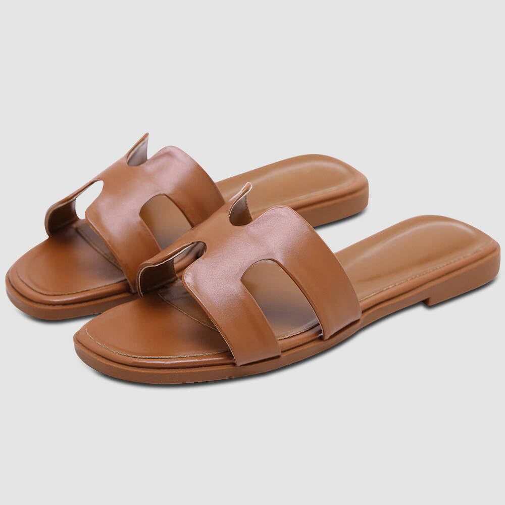 Women's Comfortable Leather H-Band Flat Sandals - Slip On Slides for Summer | Casual Walking, Beach Vacation & Everyday Wear