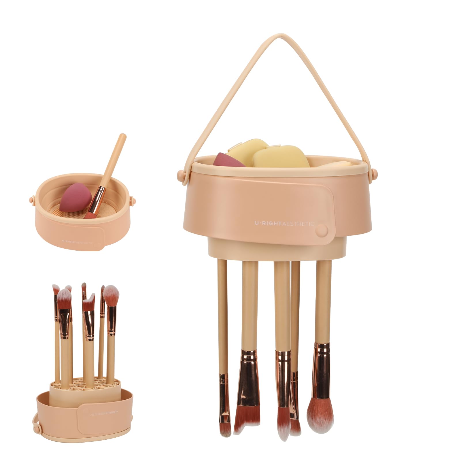 3-in-1 Foldable Silicone Makeup Brush Cleaner Mat - Cosmetic Brush Scrubber & Organizer with Drying Stand (Khaki) | Perfect for Professional Makeup Artists & Home Beauty Routines