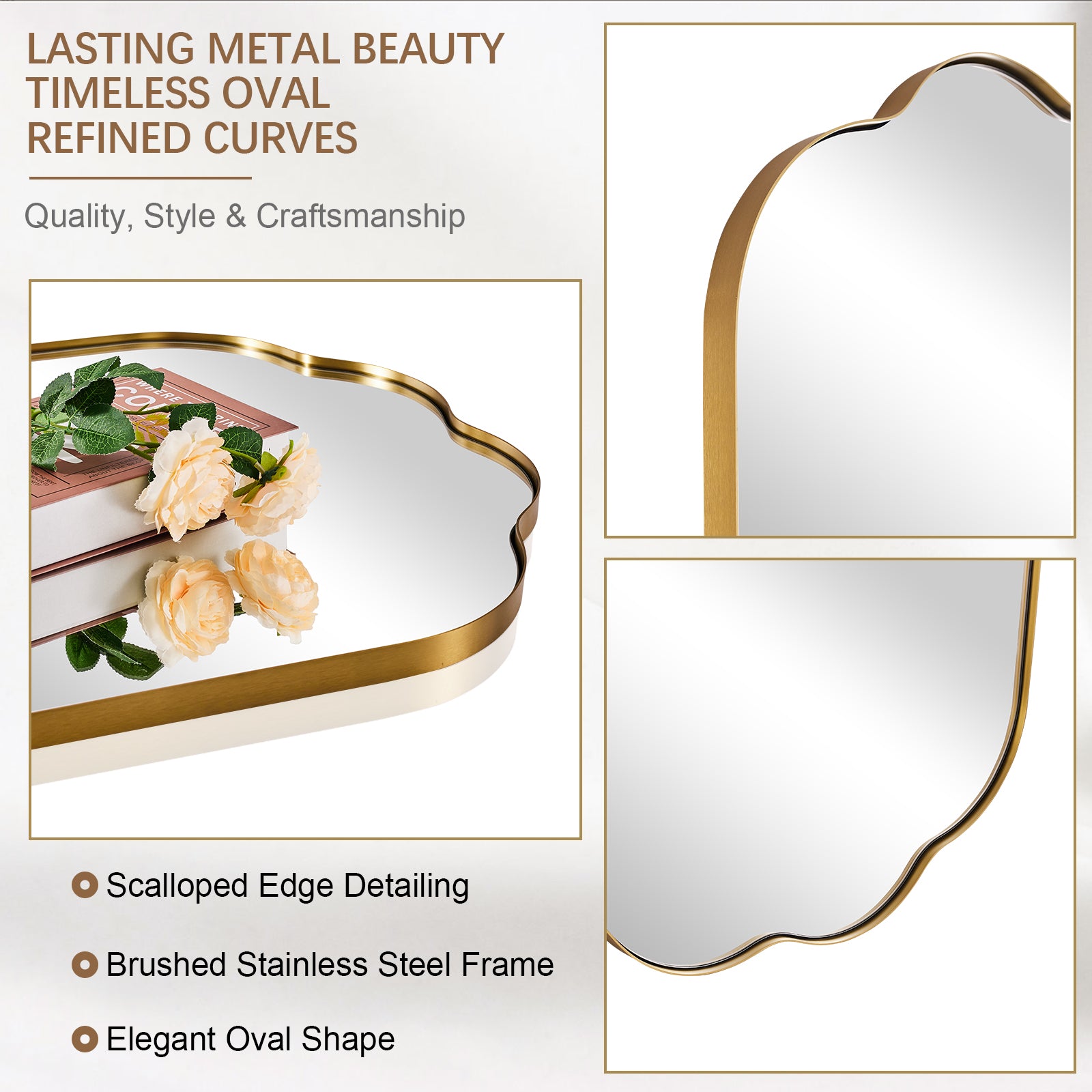 Contemporary Oval Scalloped Bathroom Vanity Mirror with Stainless Steel Frame - Elegant Wall Mirror for Modern Bathroom Decor, Powder Room, and Guest Bathroom