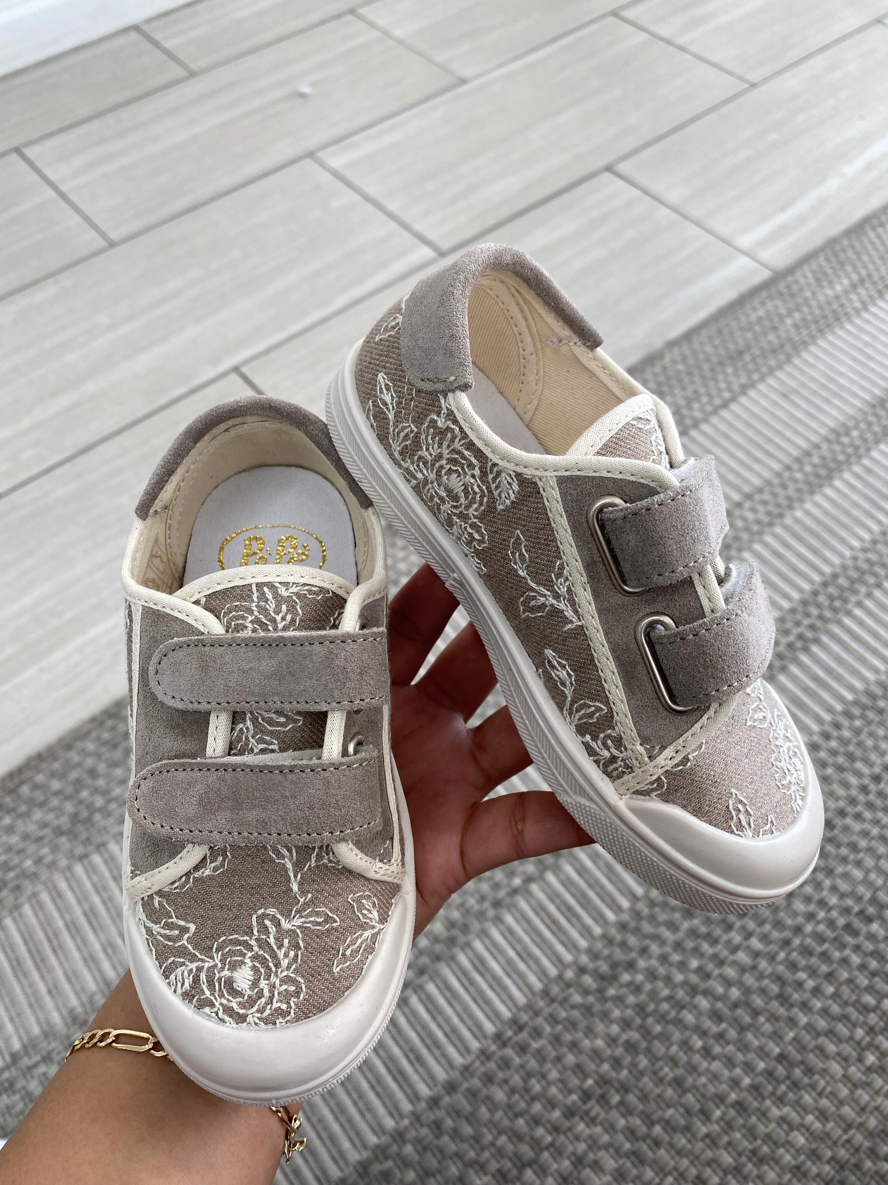 Pepe Tan Embroidered Velcro Sneakers for Women - Comfortable Slip-On Casual Shoes with Floral Design - Perfect for Walking, Travel & Everyday Wear