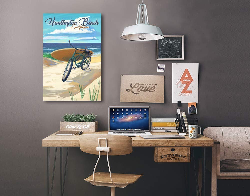Huntington Beach California Wall Art - 16x24 Wrapped Canvas Print of Beach Cruiser on Shoreline | Coastal Home Decor, Living Room & Office Wall Artwork