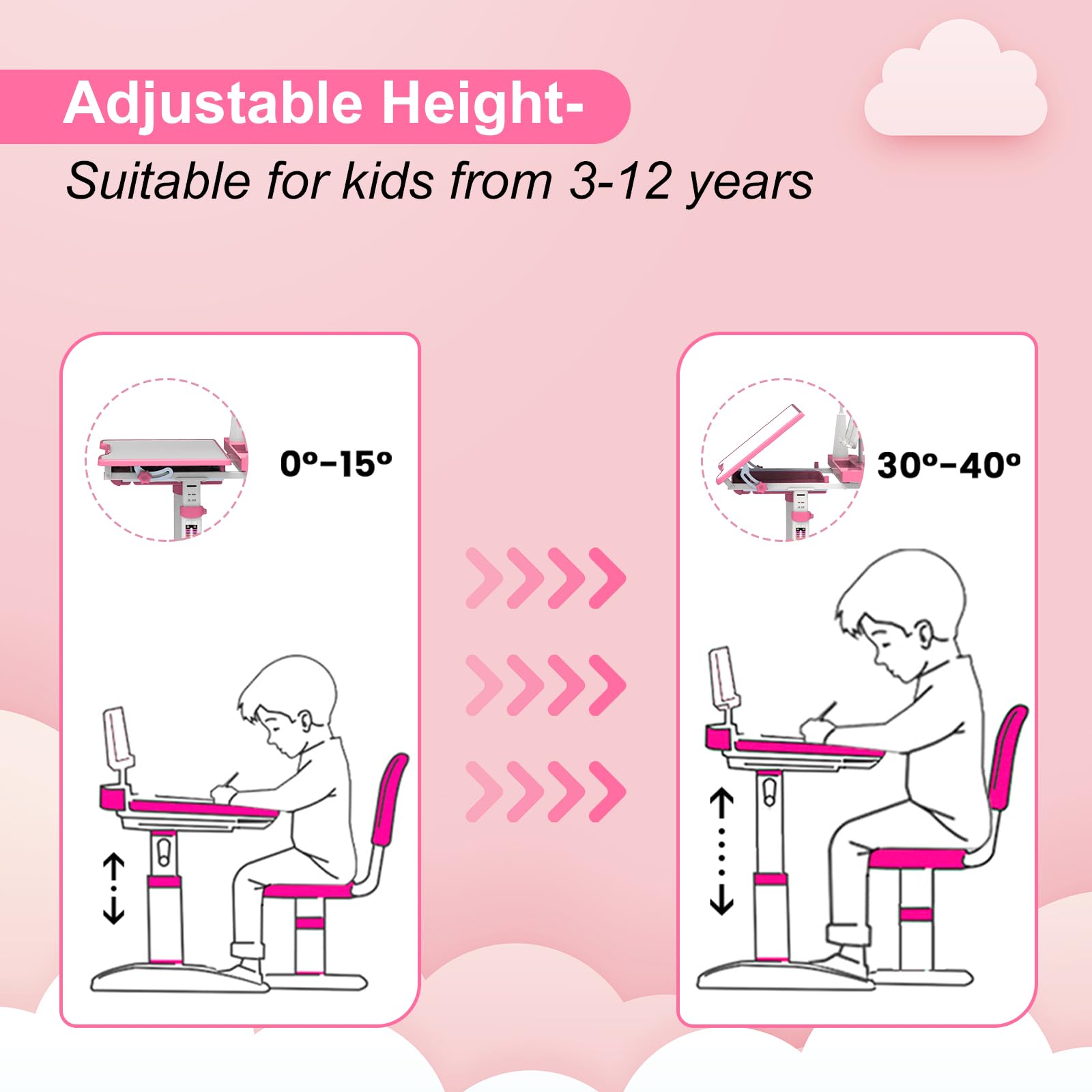 Adjustable Kids Study Desk with LED Light - Height & 40° Tiltable Desktop for Children Ages 5-8 | Perfect Birthday, Christmas & New Year Gift (Pink) | Ideal for Homework, Drawing & Reading Activities