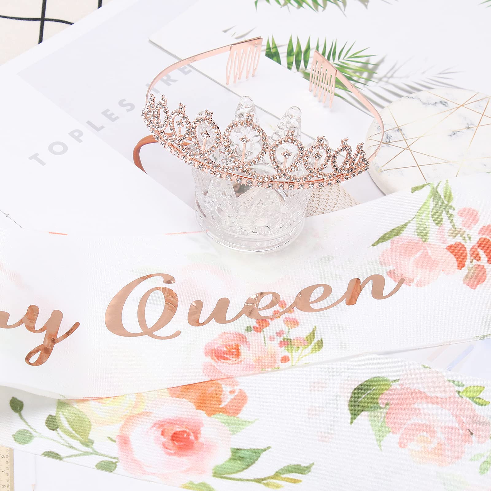 Elegant Rose Gold Rhinestone Tiara & Floral White Sash Set - Birthday Crown for Women, Queen Party Accessories - Perfect for Birthday Celebrations, Bachelorette Parties & Special Occasions