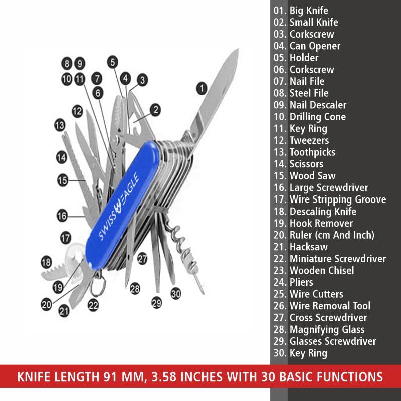 Swiss Eagle Premium Multi-Tool Pocket Knife for Men - 30-in-1 Stainless Steel Survival Tool with Pliers, Screwdrivers & More - Perfect for Camping, Hiking, Outdoor Adventures & Everyday Carry (EDC)