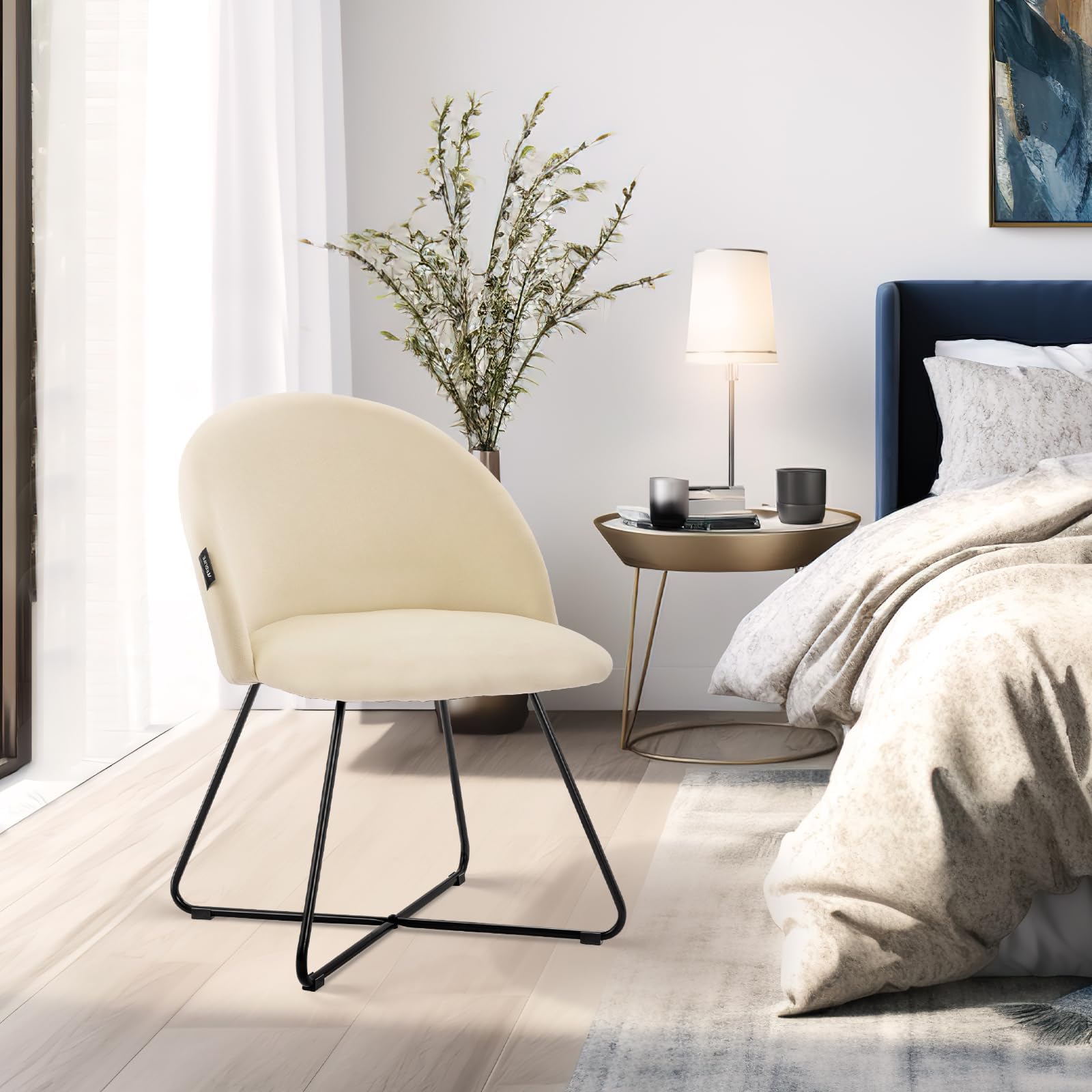 Redlife Velvet Vanity Chair with Back - Modern Upholstered Makeup Chair for Bedroom & Dressing Room, Beige Accent Chair for Women's Beauty Station & Home Decor