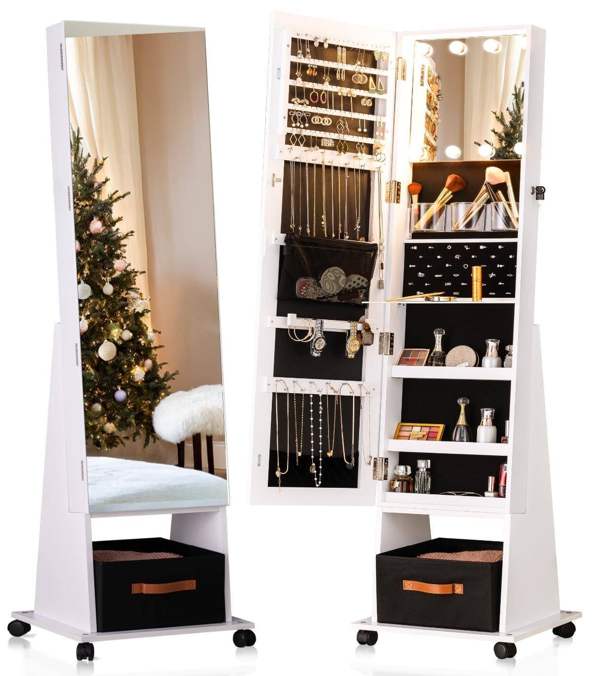 LUXFURNI 8 LED Rotating Jewelry Armoire with Full Length Mirror - 66