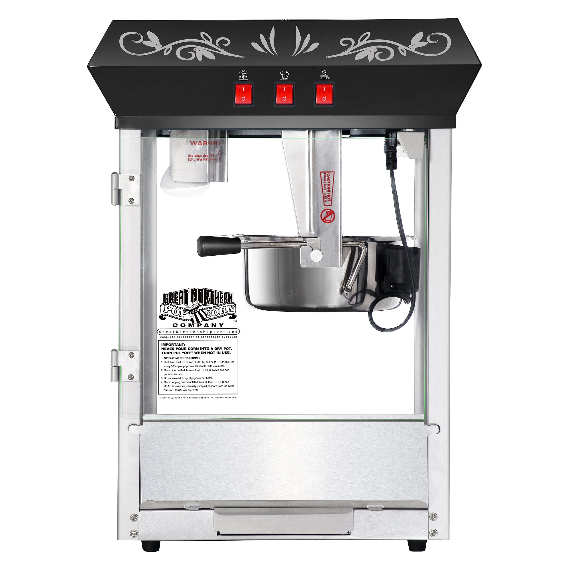 **Great Northern Popcorn 8oz Commercial Popcorn Machine with Cart - Stainless Steel Kettle, Warming Light & Accessories - Perfect for Movie Nights, Carnivals & Concessions (Black)**