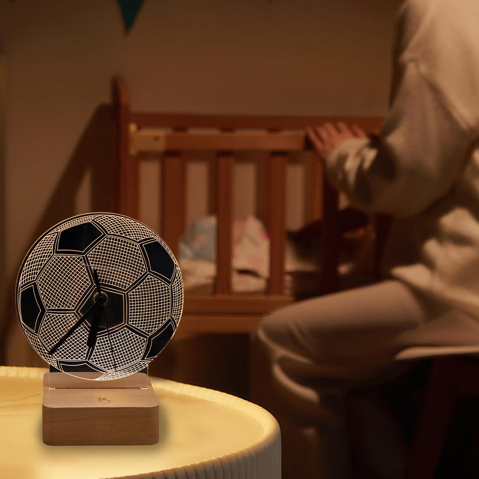 Soccer Ball Night Light for Bedroom - Acrylic Football LED Lamp with Wooden Base & Touch Control, Perfect for Kids Room Decor, Sports Theme Lighting, and Gift Ideas