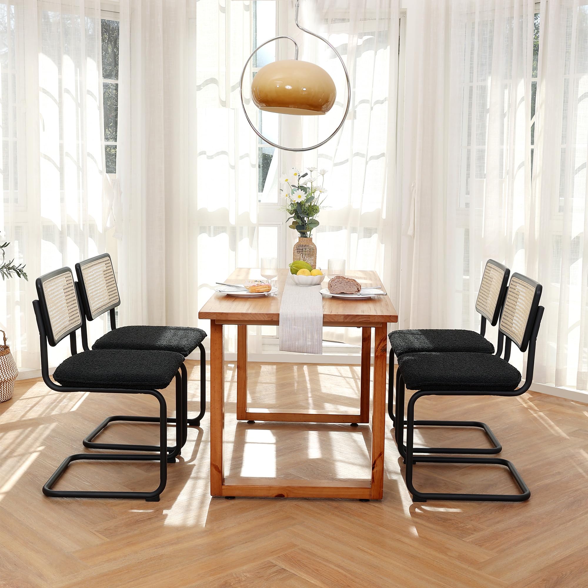 ONEVOG Set of 2 Modern Boucle Dining Chairs - Upholstered Cane Chairs with Natural Rattan Back & Sturdy Metal Frame - Comfortable Accent Chairs for Dining Room, Kitchen or Living Room Decor - Perfect for Small Spaces & Modern Home Interiors (Black)