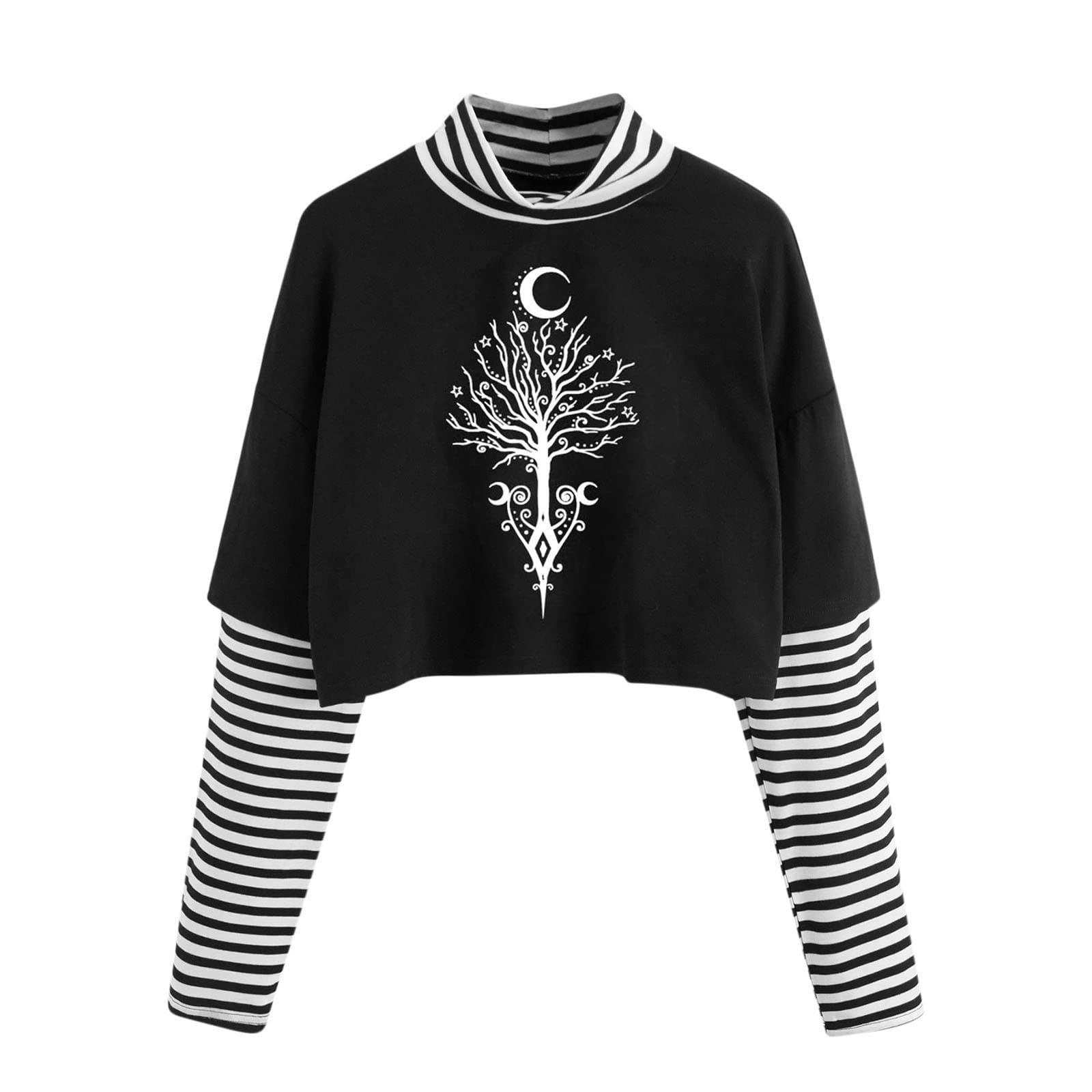 Sexy Women's Crop Top 2-in-1 Striped Drop Shoulder Turtleneck Long Sleeve Shirt | Fashionable Teen Girls Casual Wear | Perfect for Parties, Date Nights & Street Style Outfits