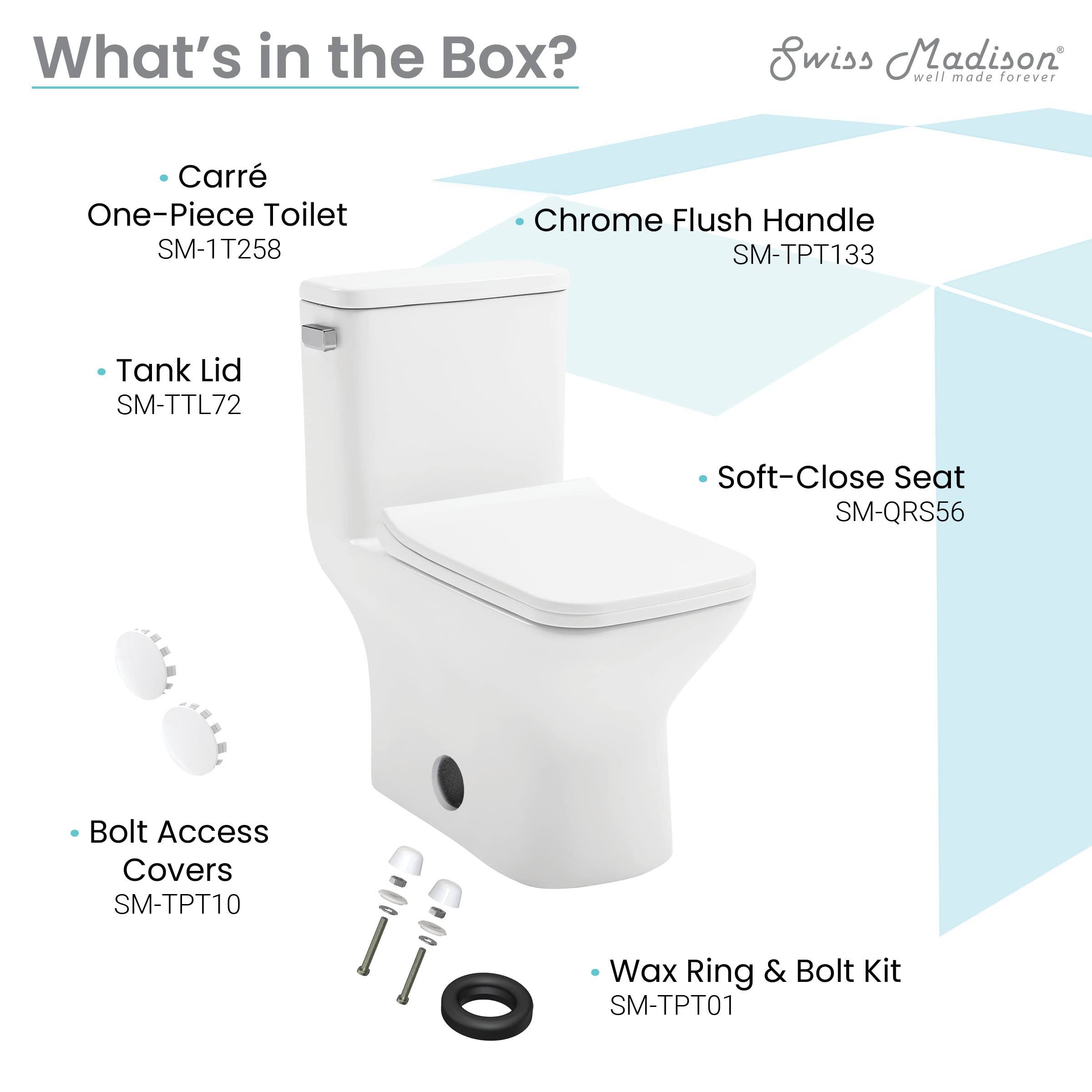 Carre One-Piece Square Toilet Left Side Flush Handle 1.28 GPF Water Efficient Toilet - Perfect for Modern Bathrooms & Small Spaces