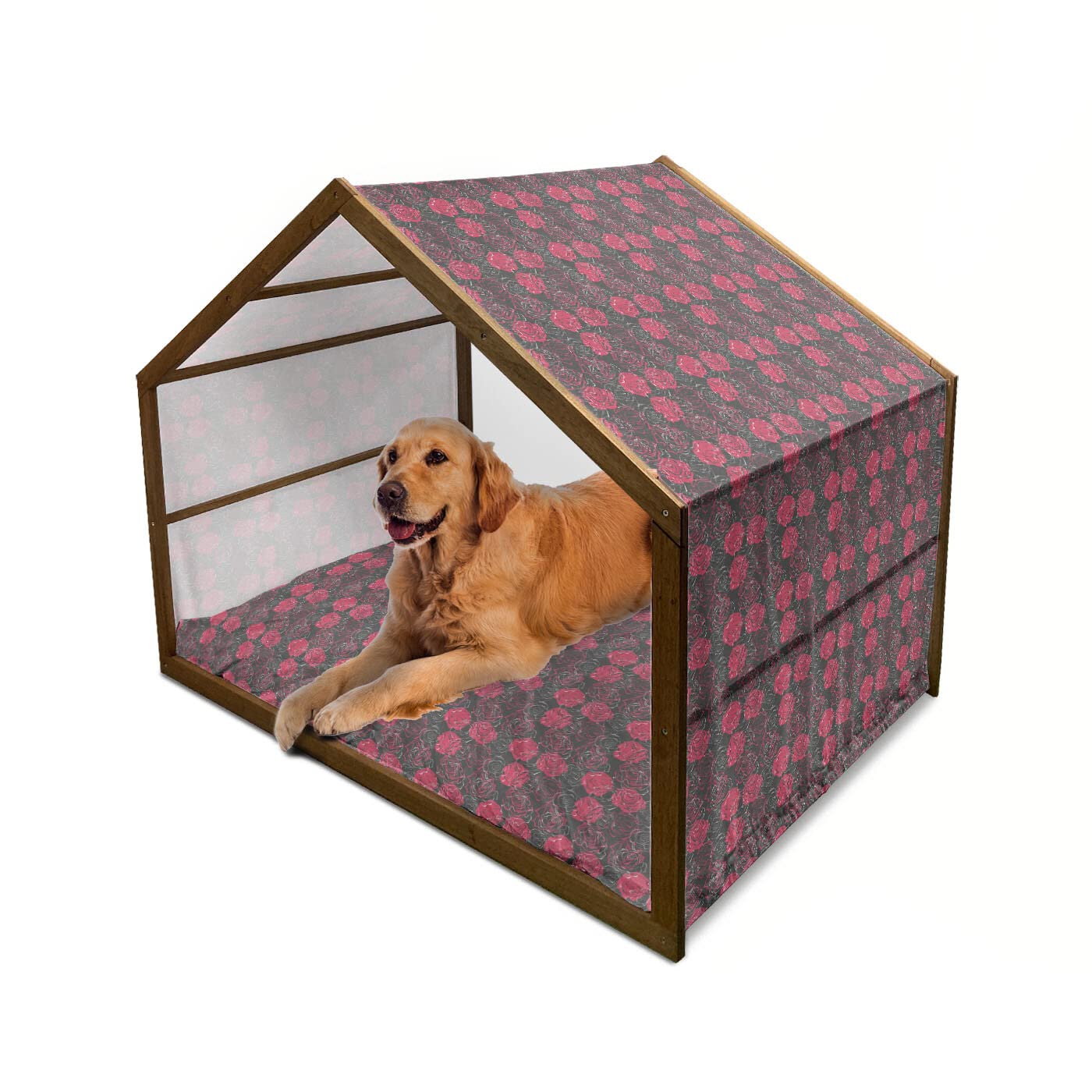 Ambesonne Floral Wooden Dog House - Ombre Style Rose Blooms for Valentine's & Anniversary - Indoor/Outdoor Portable Pet Kennel with Pillow & Cover - X-Large Charcoal Grey Magenta - Perfect for Backyard, Patio & Home Decor