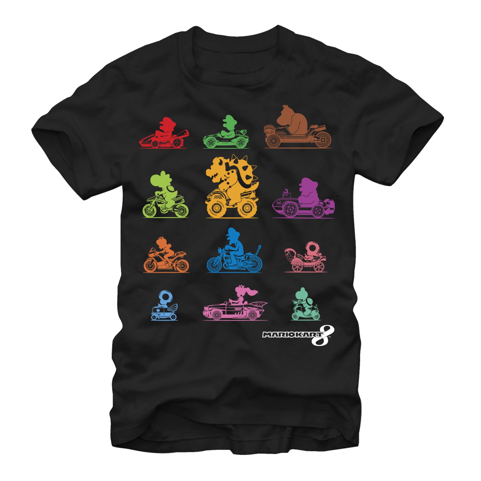 Nintendo Mario Kart Colorful Character Profile Silhouette T-Shirt for Men - Casual Gaming Tee for Fans & Collectors