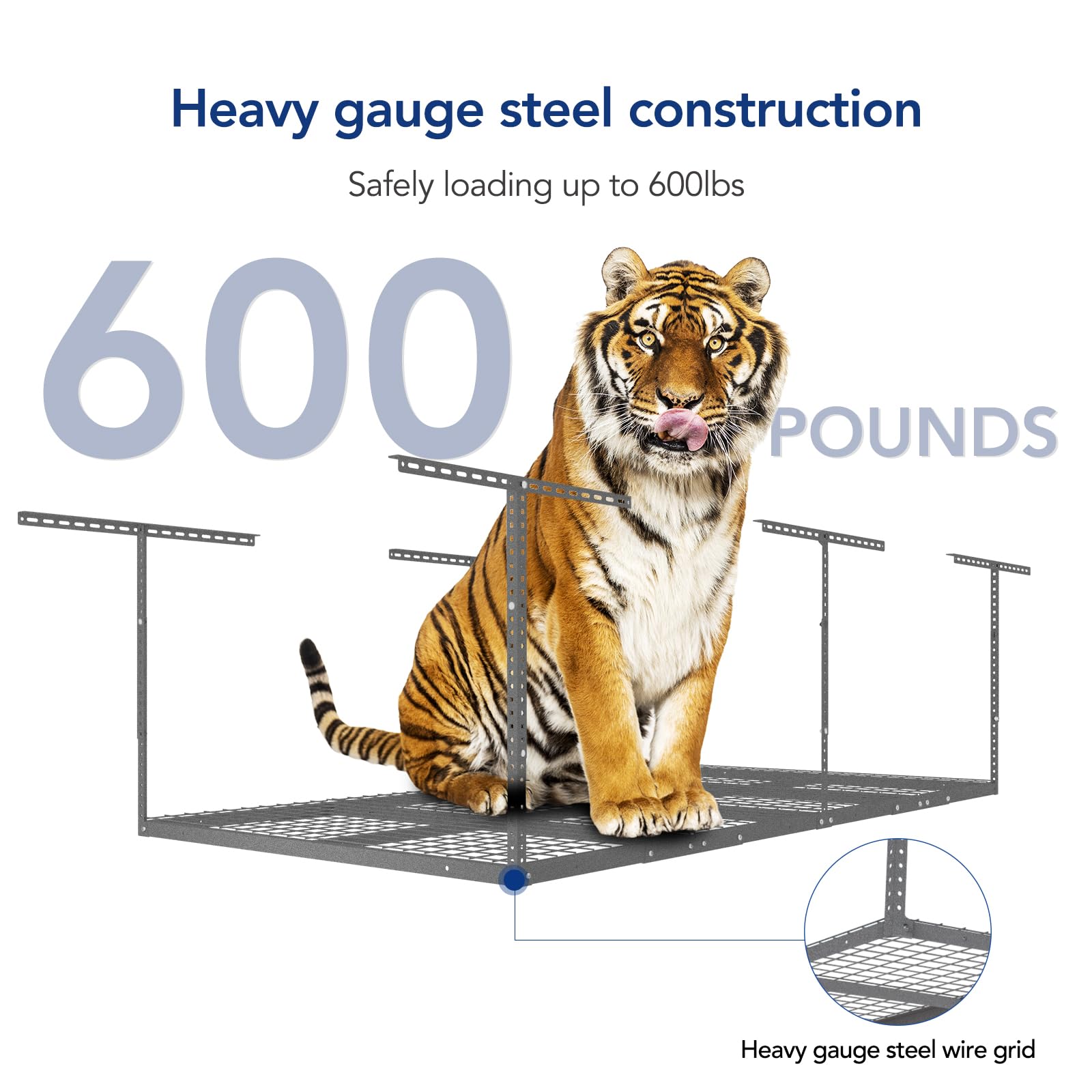 FLEXIMOUNTS 4x8 Overhead Garage Storage Rack - Heavy Duty Adjustable Metal Ceiling Storage System, 600lbs Capacity, Hammertone Finish - Perfect for Garage Organization, Seasonal Items & Sports Equipment Storage