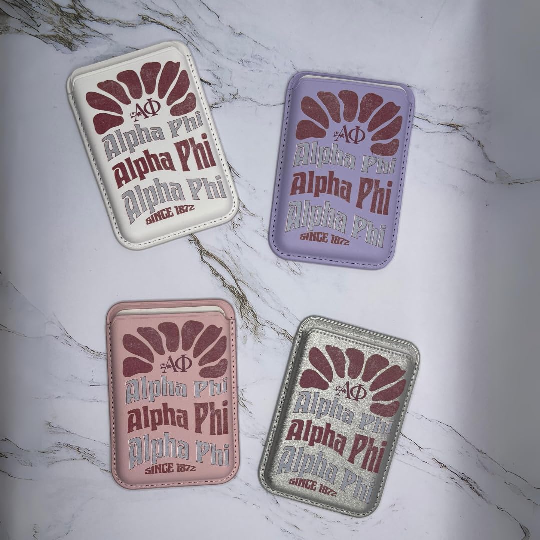 Official Alpha Phi Sorority Magnetic Card Holder Wallet for iPhone 15/14/13/12 - Slim & Secure 3-Card Capacity (Silver) - Perfect for Sorority Sisters, Campus Life & Everyday Use