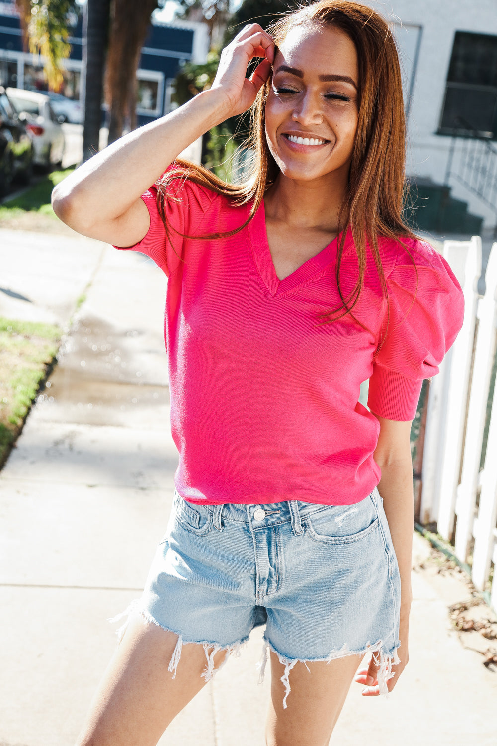 Be Bold Solid Fuchsia Shirred Puff Sleeve Sweater Top | Women's Fashion Knitwear | Perfect for Date Night & Fall Layering