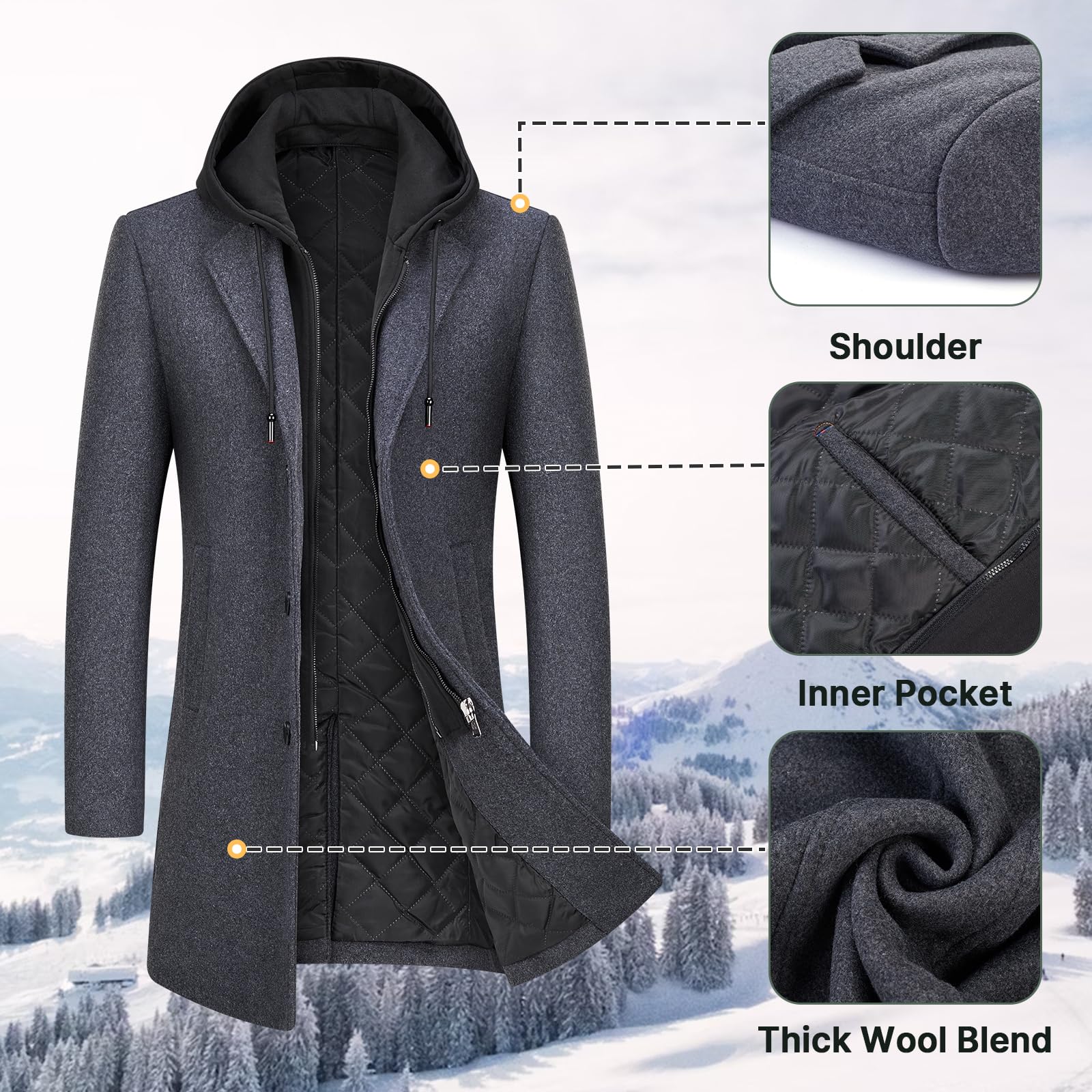 Premium Men's Wool Blend Trench Coat with Detachable Hood - Warm Winter Overcoat for Business, Office & Outdoor Activities