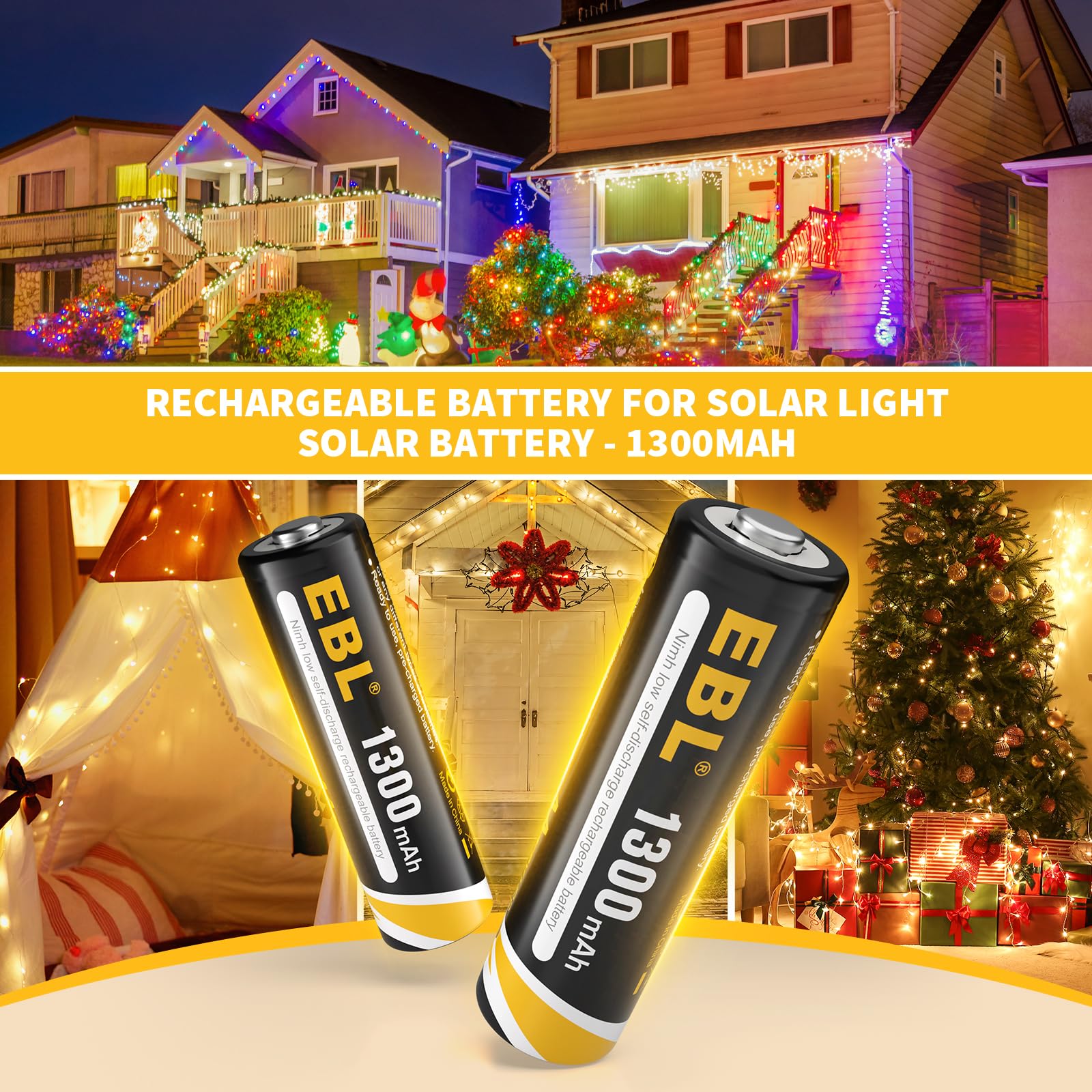EBL Solar AA Rechargeable Batteries 1300mAh NiMH 1.2V - 12 Pack for Outdoor Solar Lights, Garden Landscaping & String Lights - Lasts Up to 1200 Charges | Perfect for Solar-Powered Decor, Pathway Lighting & Backyard Illumination