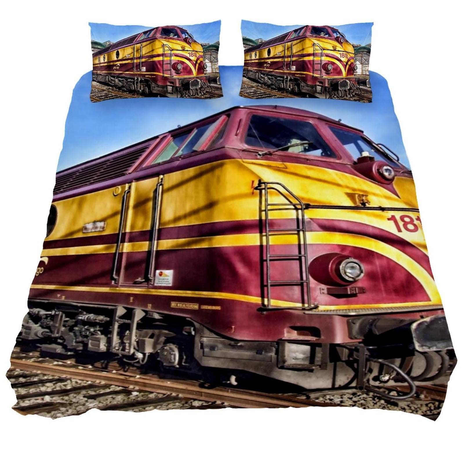 Vintage Train Print Duvet Cover Set King Size - 3 Piece Bedding Set with 102x90 Inch Comforter & 2 Pillowcases | Perfect for Boys Room, Train Lover's Bedroom & Themed Nursery Decor