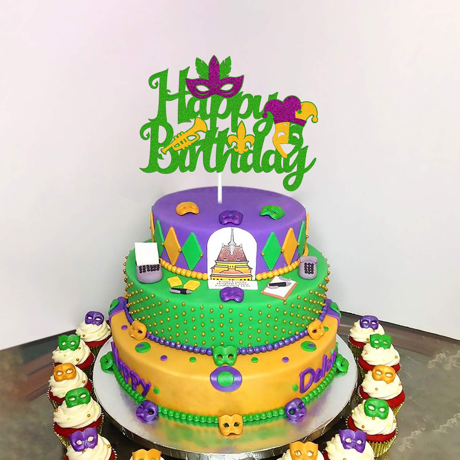 **Mardi Gras Birthday Cake Topper - Glitter Green Carnival Masquerade Costume Decorations for Fat Tuesday Theme Parties | Perfect for Women, Men, Kids, Boys, Girls, First Birthdays & Baby Showers | Great for Themed Celebrations & Festive Gatherings**
