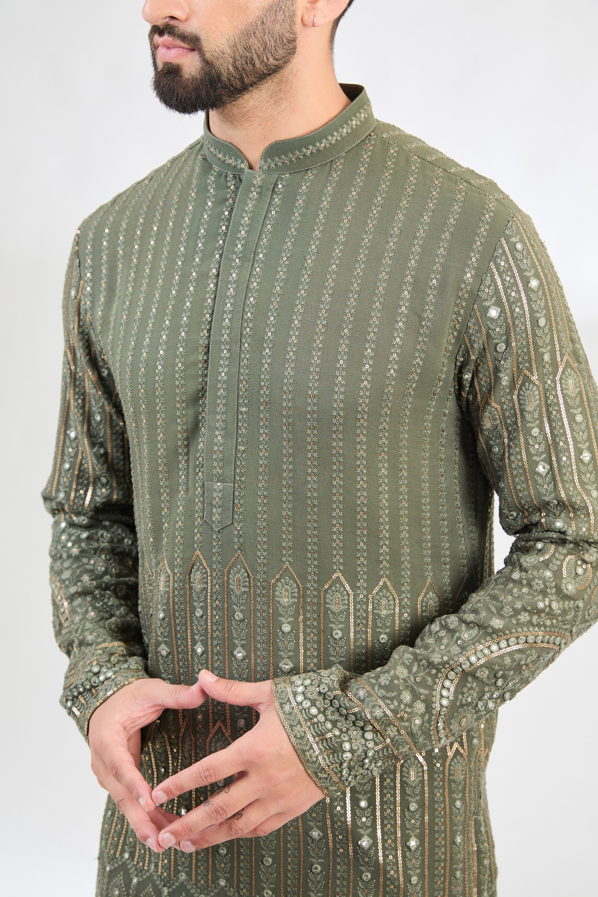 Stylish Military Green Chikankari Kurta with Intricate Ghera Embroidery - Perfect for Ethnic Wear, Festivals & Special Occasions