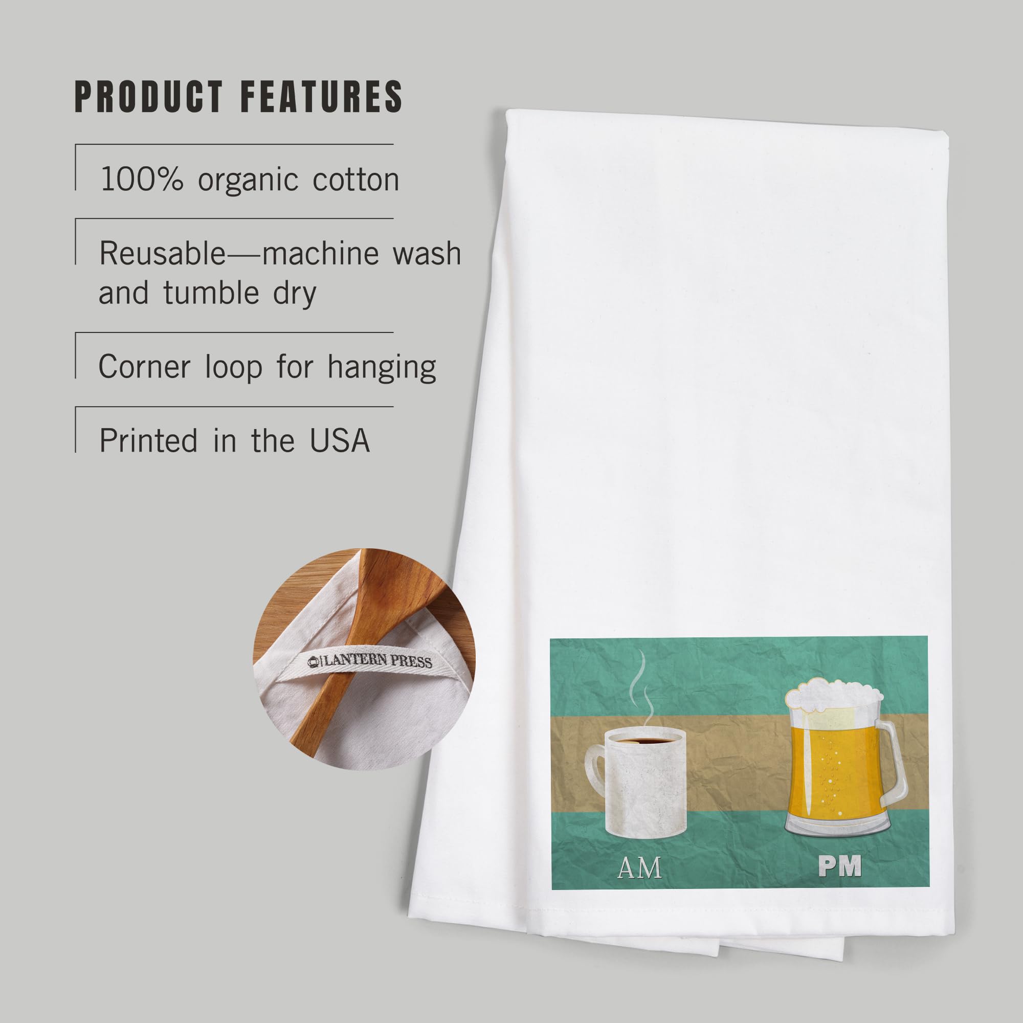 Lantern Press Coffee in The AM, Beer in The PM - 100% Cotton Tea Towel | Decorative Hand Towel for Kitchen & Home Decor | Perfect for Gifts, Housewarming & Coffee Lovers