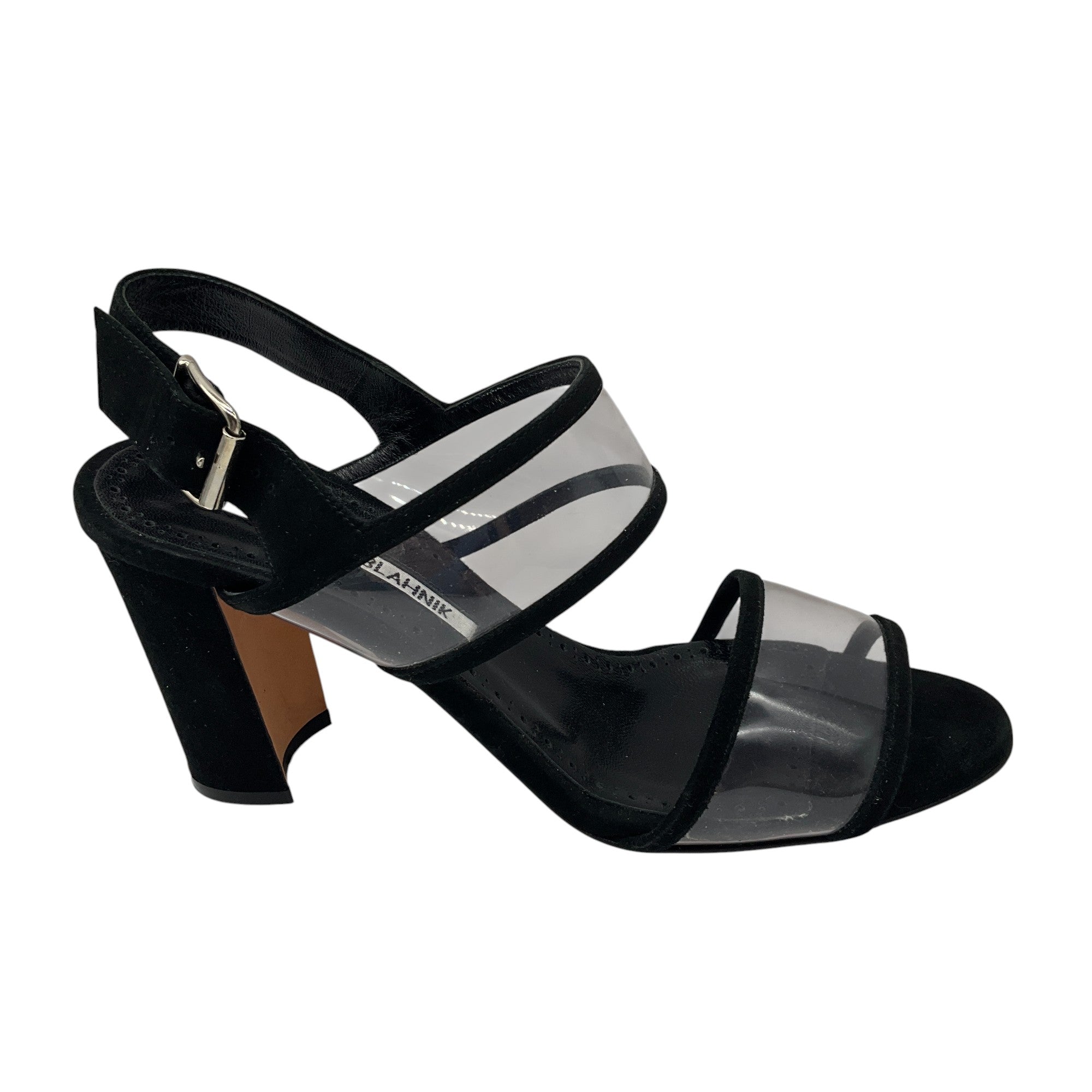 Manolo Blahnik Black Suede & PVC Strappy Sandals for Women - Elegant High Heel Dress Shoes for Weddings, Parties & Evening Events