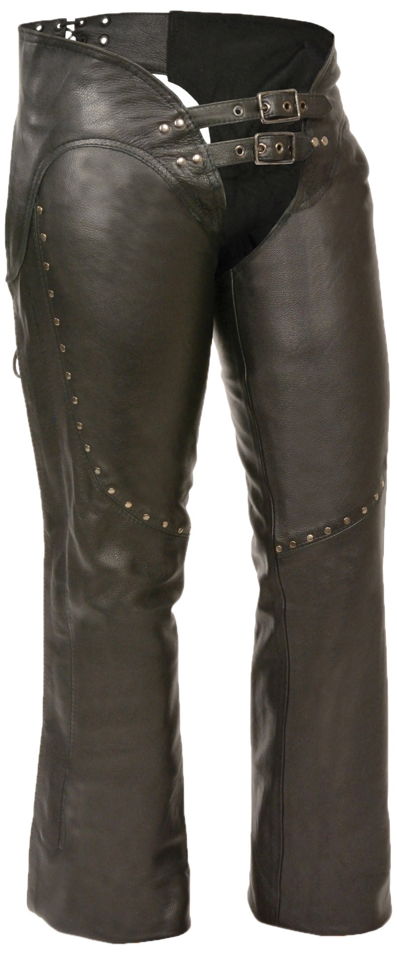 Milwaukee ML1186 Women's Black Low-Rise Waist Motorcycle Leather Chaps with Double Buckle & Rivet Detailing - Perfect for Harley Riding & Biker Events