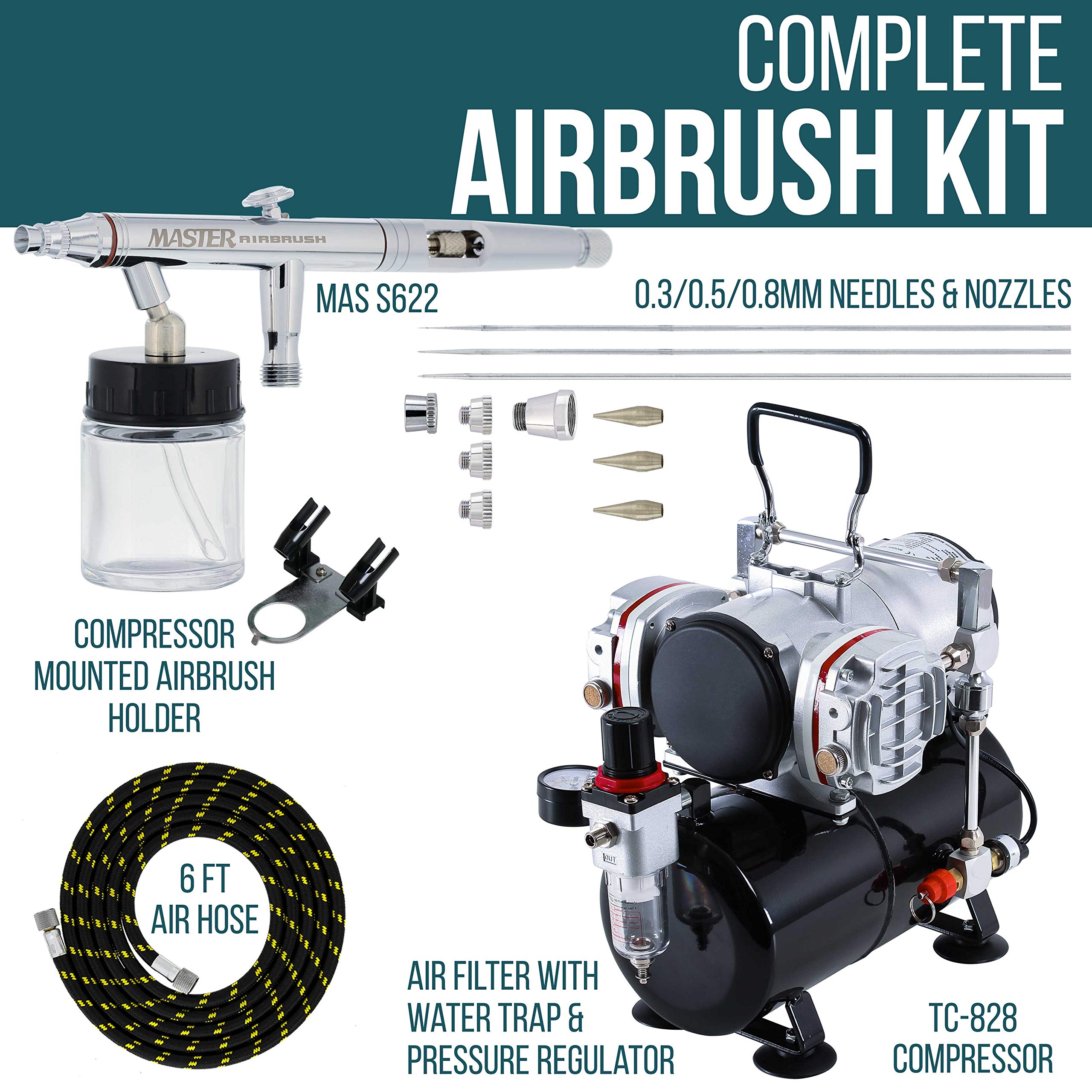 Master Airbrush S62 Professional Airbrush Kit with TC-828 Twin Piston Air Compressor - Perfect for Model Painting, Cake Decorating & DIY Crafts