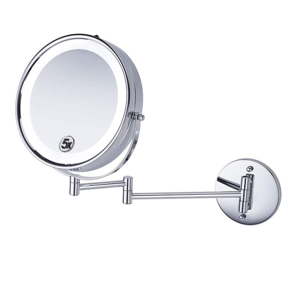8.5 Inch LED Bathroom Mirror with 5X Magnification - Wall Mounted Shaving & Makeup Mirror, 360° Rotation & Extendable Arm, Battery Powered (No Drilling Required) - Perfect for Vanity, Grooming & Small Spaces