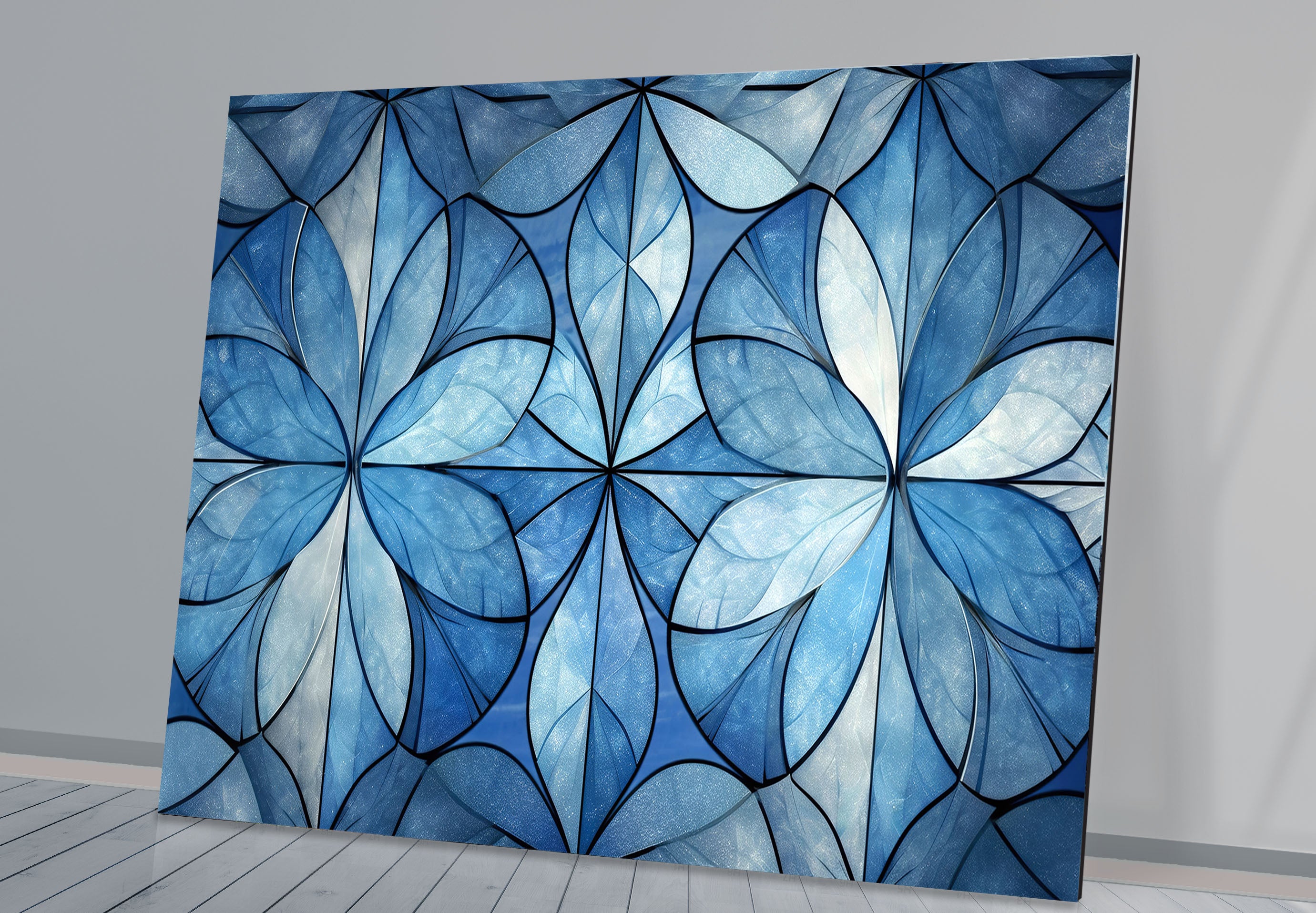 Blue Floral Geometric Wall Art - Modern Glass Panel with Elegant Petal Design for Home Decor, Living Room & Office