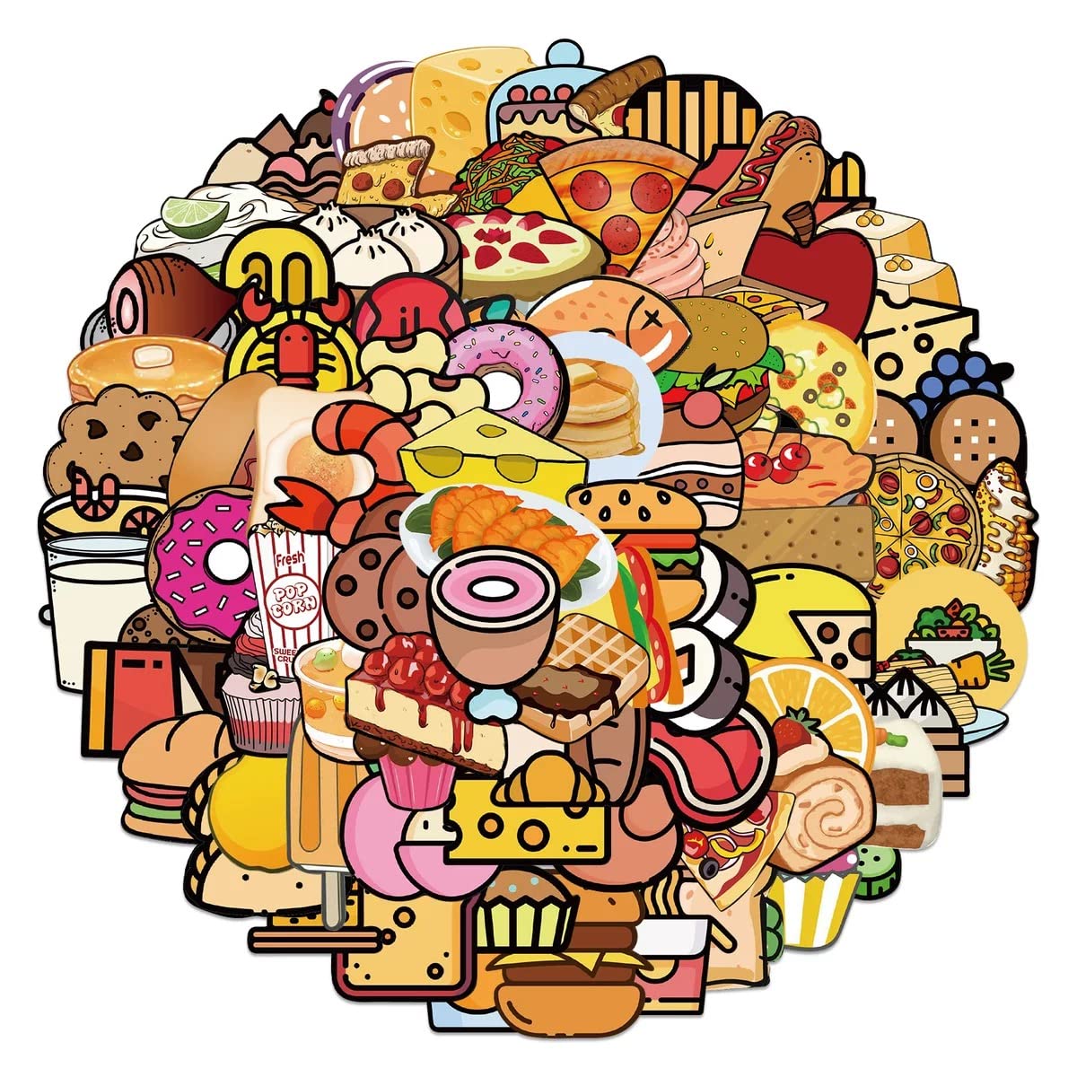 100 Cute Cartoon Food Stickers - Waterproof Vinyl Decals for Scrapbooking, Laptops, Water Bottles, Skateboards & Refrigerators - Perfect for DIY Crafts, School Supplies & Home Decor