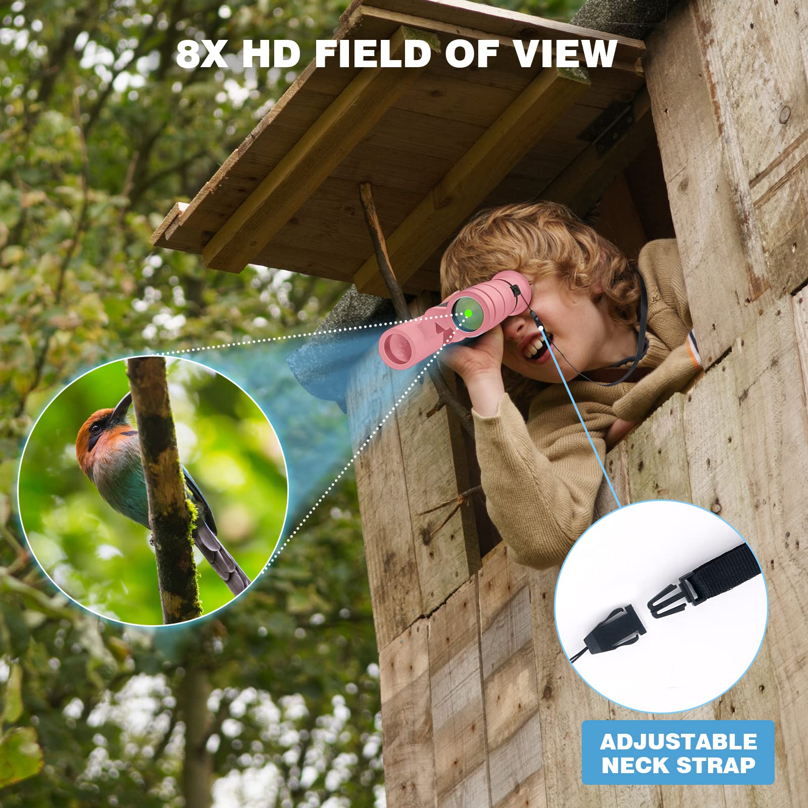 High-Resolution 8x21 Kids Binoculars - Shockproof Compact Binoculars for Children with Neck Strap | Perfect for Bird Watching, Hiking, Camping, Travel, Learning & Outdoor Adventures | Ideal Telescope Toys for Boys & Girls Ages 3-12 (Pink)