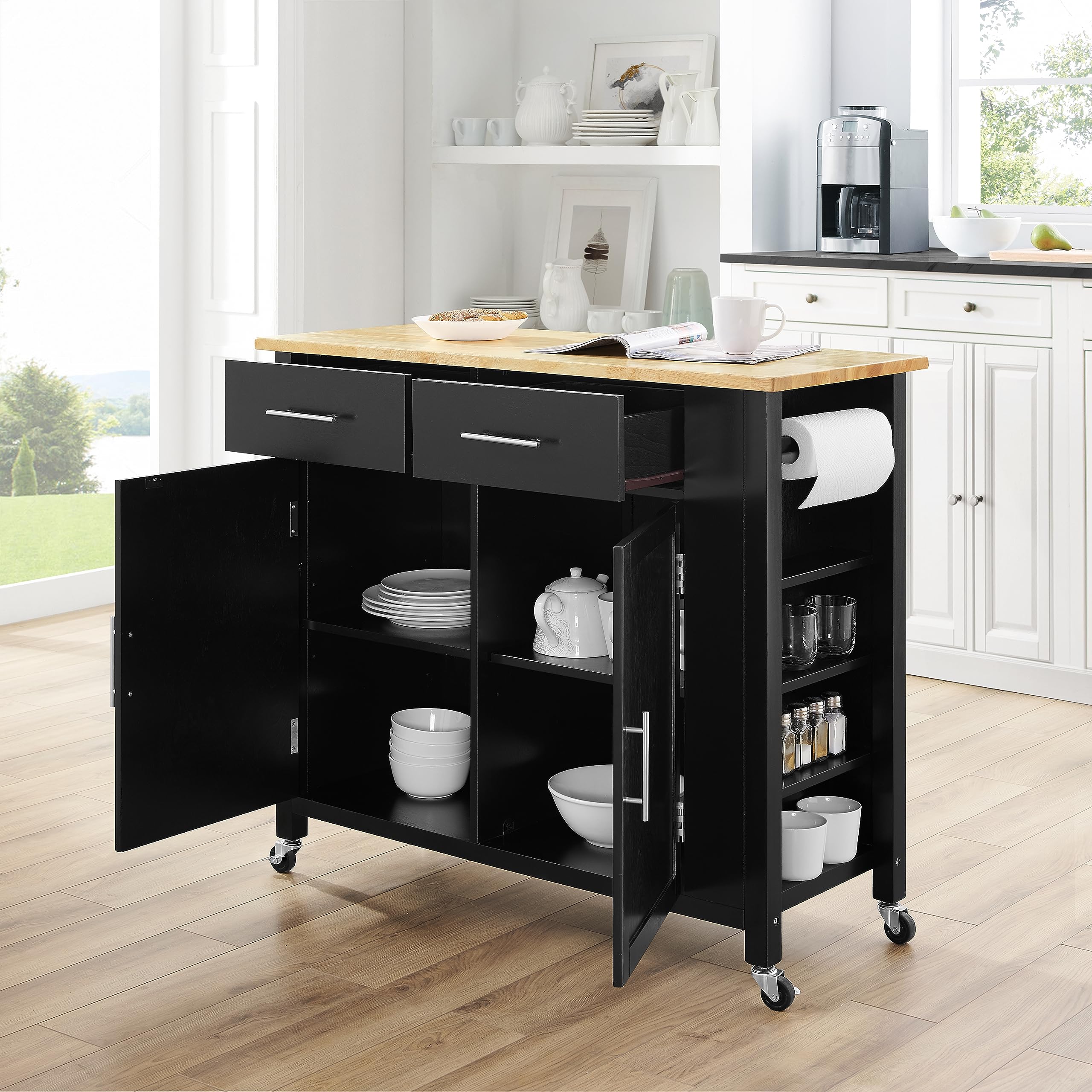 Crosley Savannah Wood Top Rolling Kitchen Island Cart with Shelves & Drawers - Black | Microwave Stand & Storage Solution for Small Kitchens, Apartments & Dining Areas