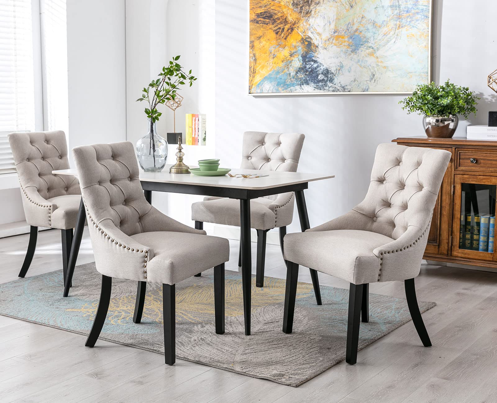 Premium Mid-Century Modern Linen Dining Chairs Set of 4 - Tufted Upholstered Farmhouse Chairs with Nailhead Trim for Kitchen, Dining Room & Cafe Decor - Vintage Elegant Padded Seating in Beige - Perfect for Home, Restaurant and Coffee Shop Interior Design