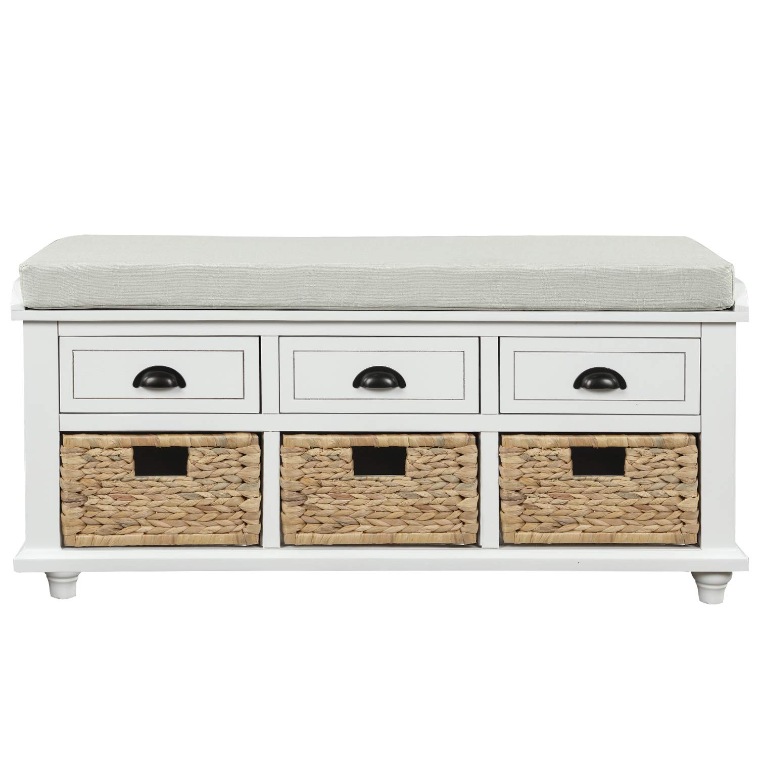 Rustic Storage Bench with 3 Drawers & Rattan Baskets - Entryway Shoe Bench for Living Room, Hallway, Bedroom - White Wooden Organizer for Shoes, Blankets & Home Decor